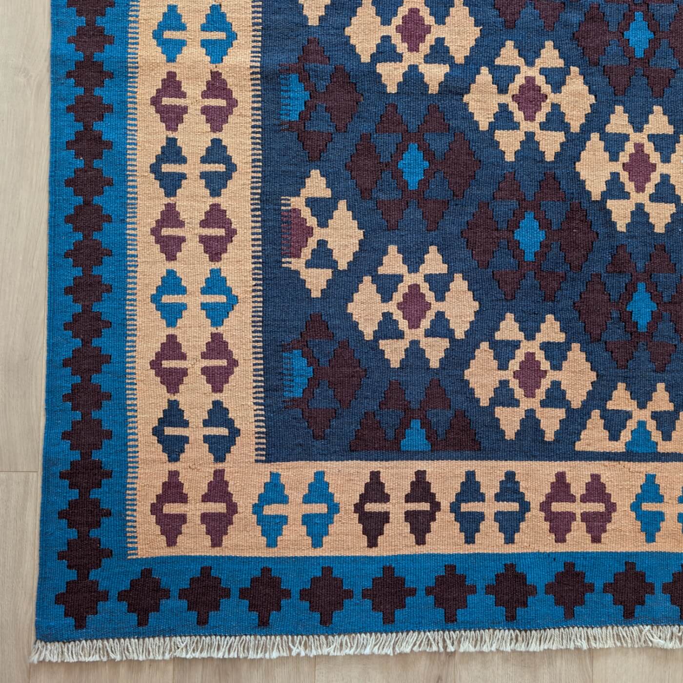 Covor din lână tradițional Kilim Gashghai țesut plat culori albatru