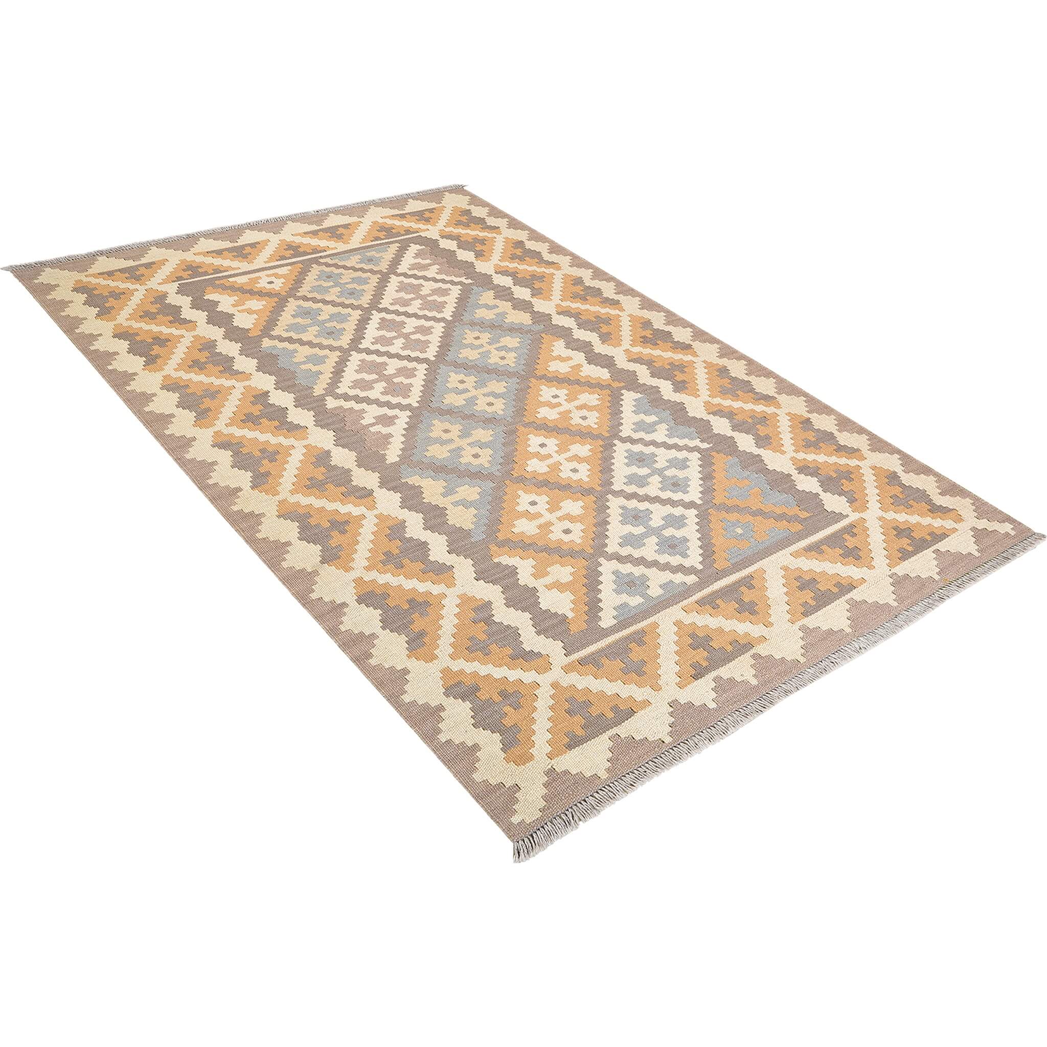 Covor din lână țesut plat in motive traditionale triburilor persane in bejuri si gri Kilim Gashghai (179cm x 122cm)