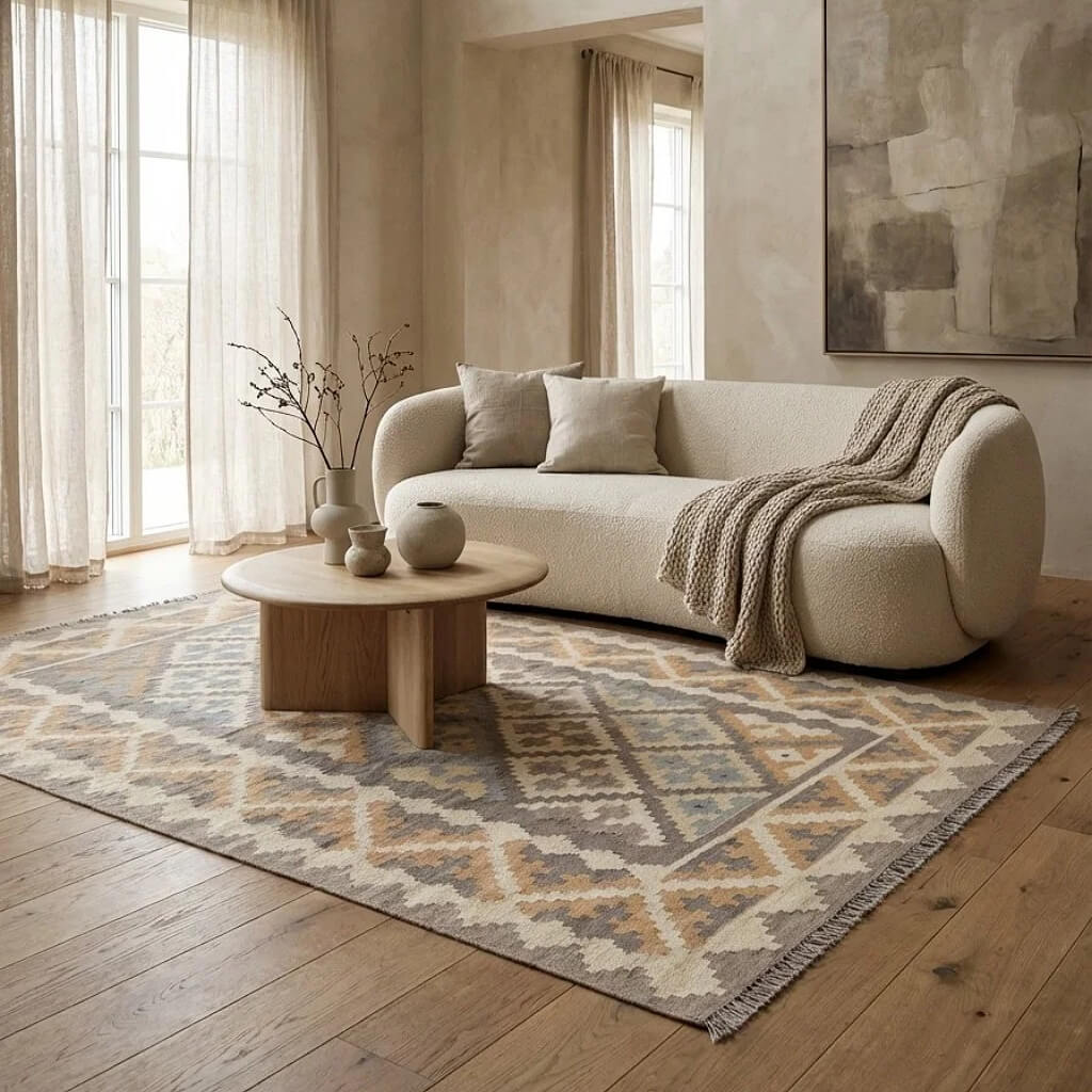 Covor din lână țesut manual in motive specifice triburilor persane in bejuri si gri Kilim Gashghai (179cm x 122cm) in decor cu canapea si masuta in living