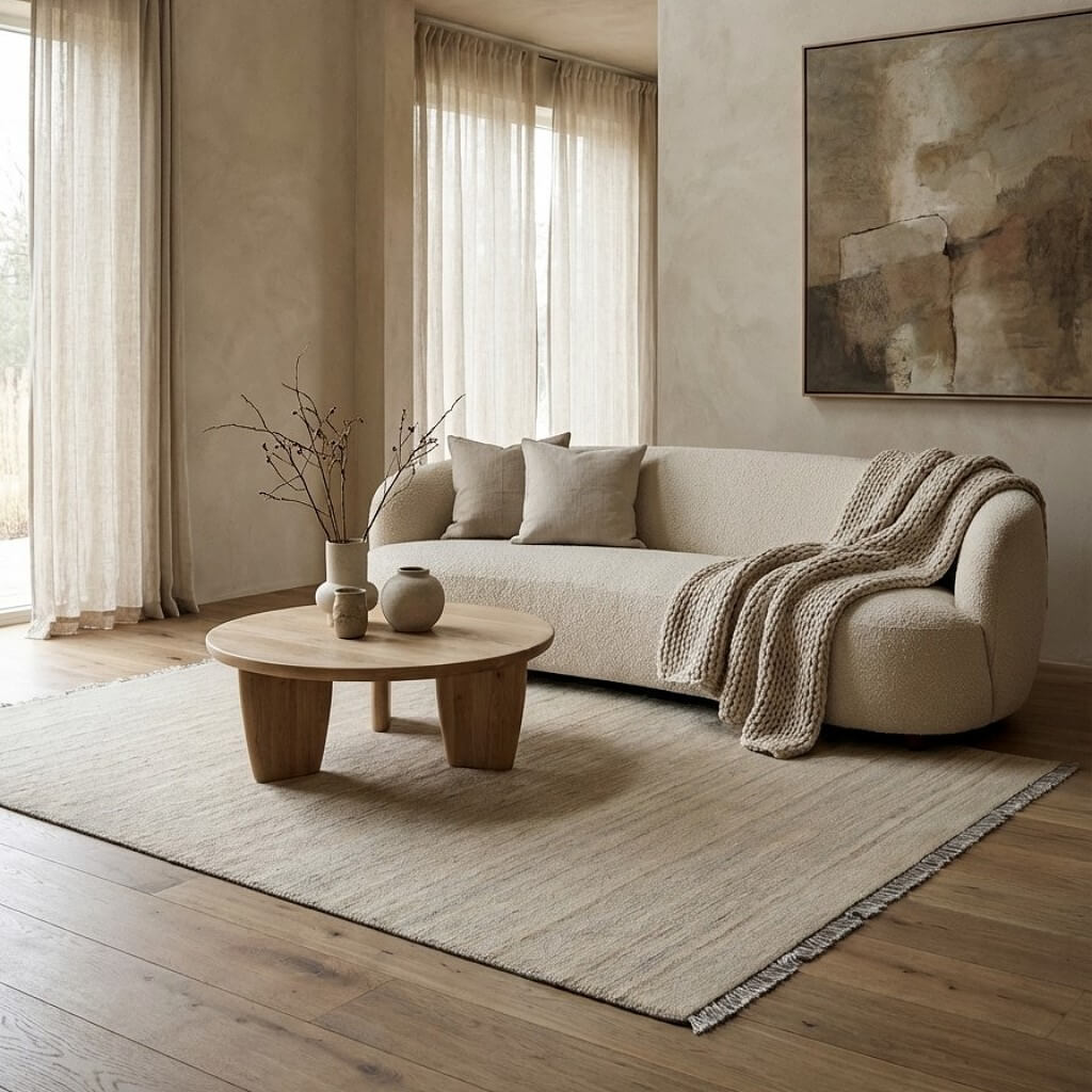 Covor din lână țesut manual intr-o nuanta naturala Kilim Gashghai (249cm x 172cm) intr-un spatiu generos si bine luminat