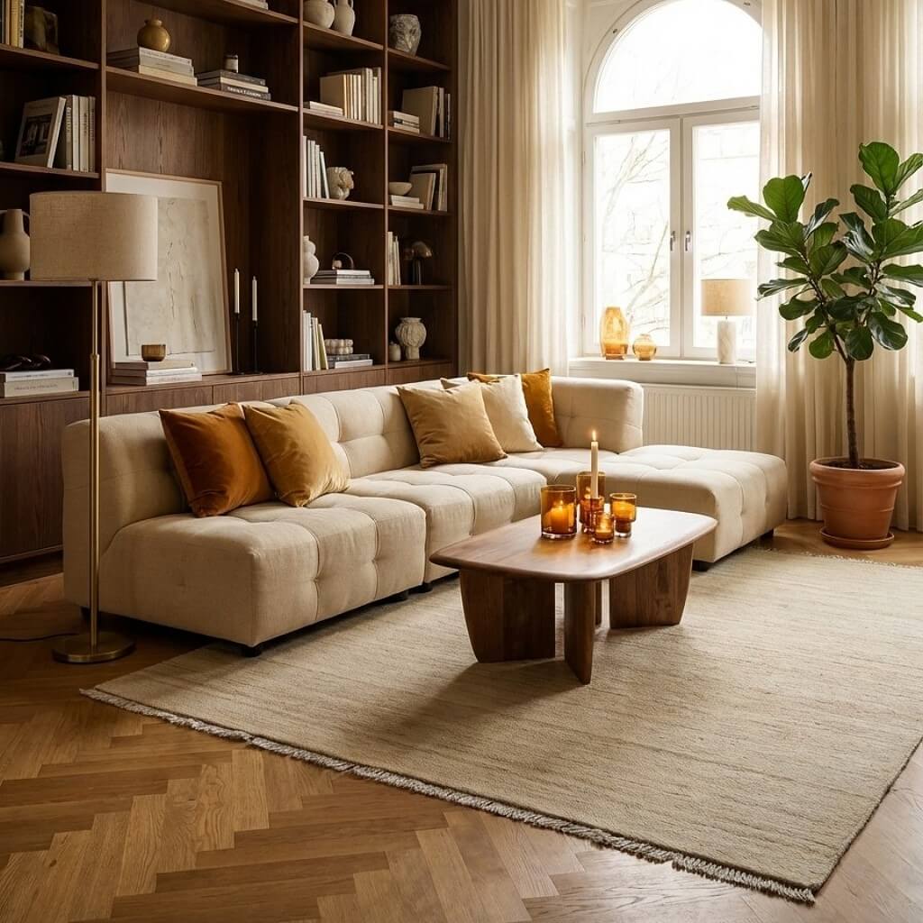 Covor din lână țesut manual intr-o nuanta naturala Kilim Gashghai (249cm x 172cm) intr-un living clasic cu parchet herringbone