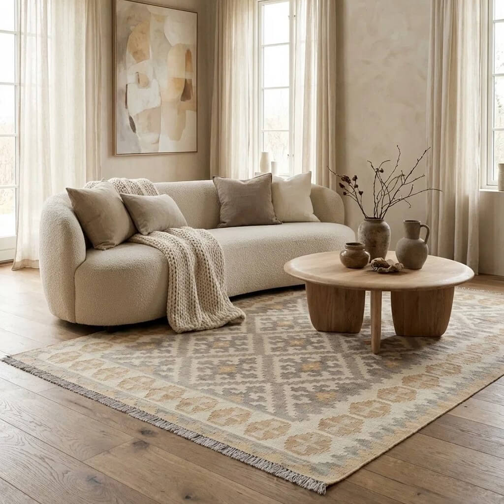 Covor din lână țesut manual cu motive geometrice in nuante de bej si gri Kilim Gashghai (182cm x 129cm) in fata unei canapele