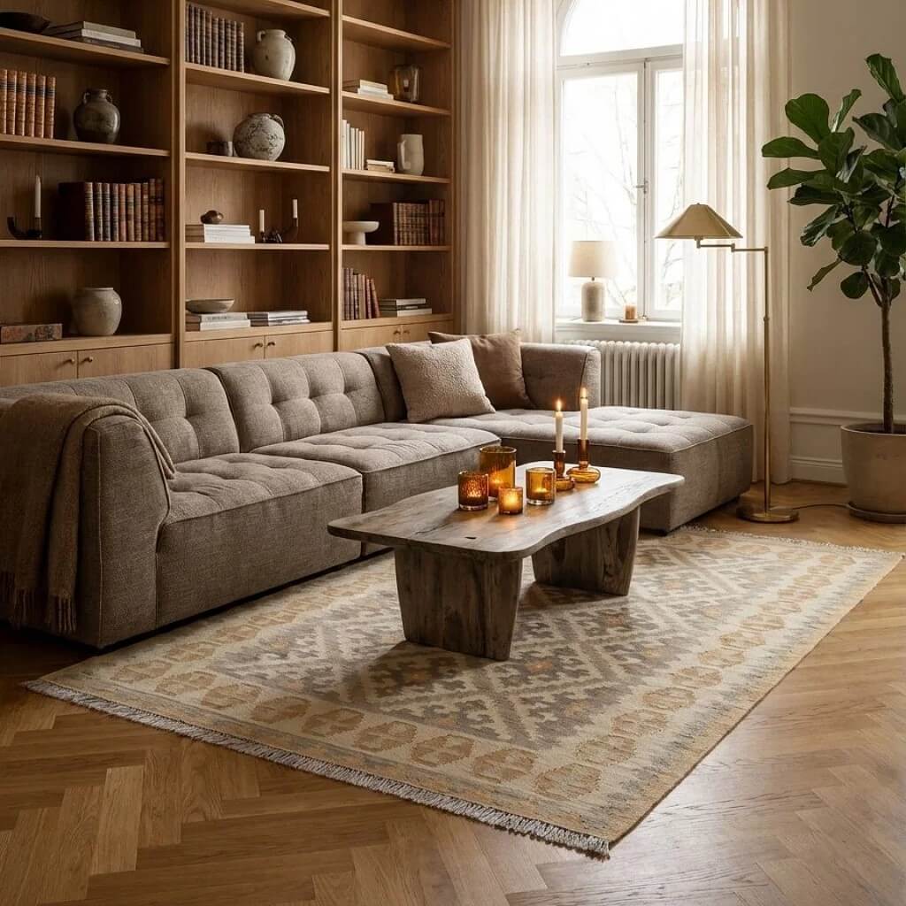 Covor din lână țesut manual cu motive geometrice in nuante de bej si gri Kilim Gashghai (182cm x 129cm) intr-o camera de zi spatioasa