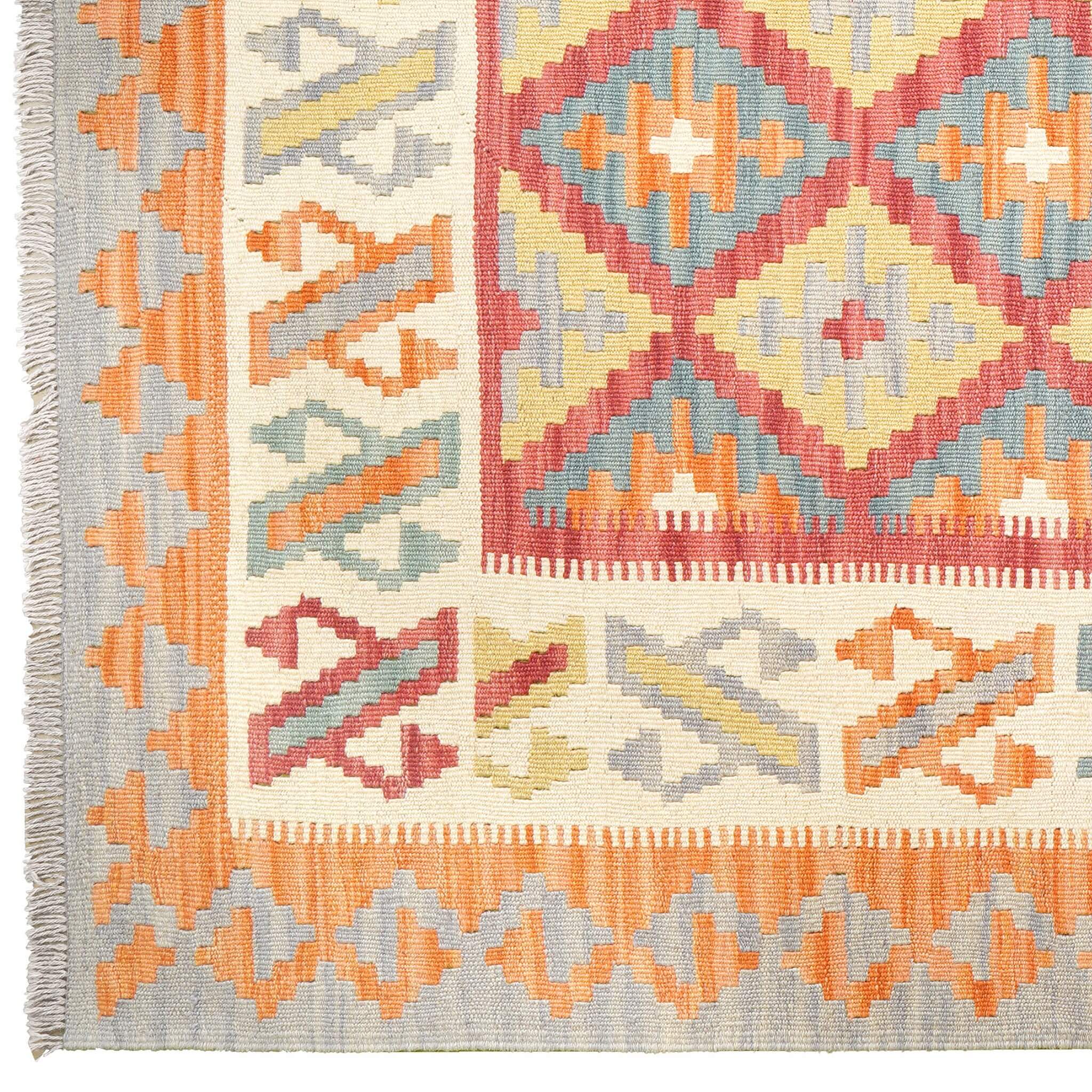 Covor din lână țesut manual in culori calde cu motive geometrice Kilim Gashghai (242cm x 171cm)