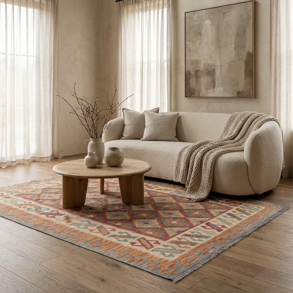 Covor din lână țesut manual multicolor cu motive geometrice Kilim Gashghai (242cm x 171cm) intr-un spatiu generos cu canapea si ferestre mari