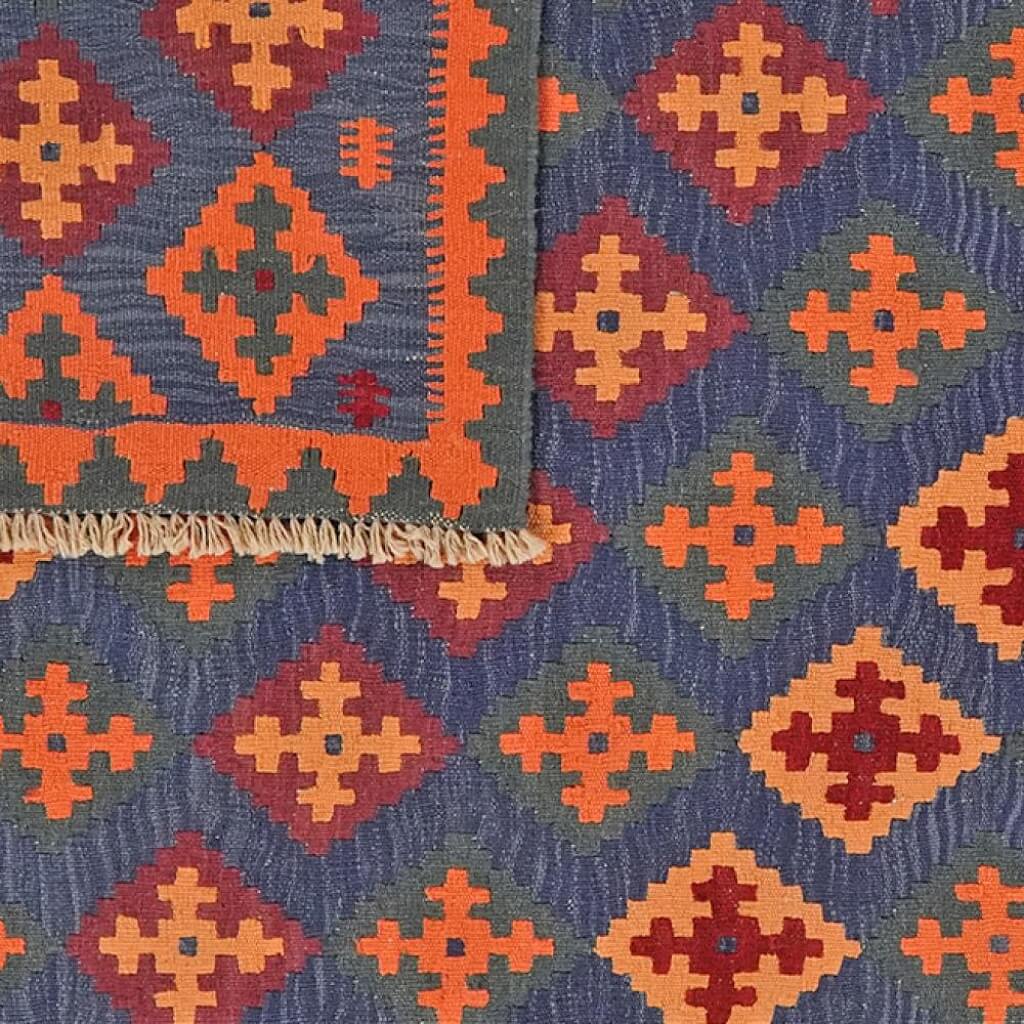 Covor reversibil traditional din lână țesut manual in nuante de portocaliu, terracotta si albastru Kilim Gashghai (207cm x 156cm)