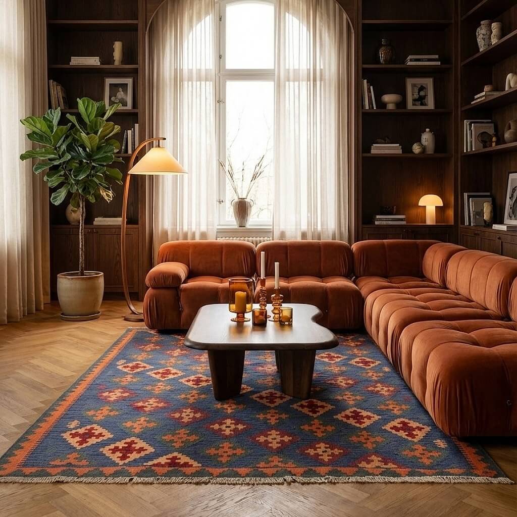 Covor traditional din lână țesut manual in nuante de portocaliu, terracotta si albastru Kilim Gashghai (207cm x 156cm) in camera de zi