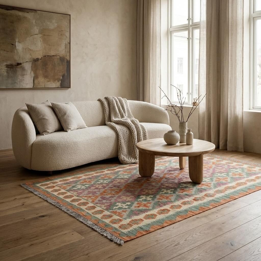 Covor din lână multicolor țesut manual cu forme geometrice Kilim Gashghai (198cm x 154cm) intr-un living generos sub o masuta de cafea