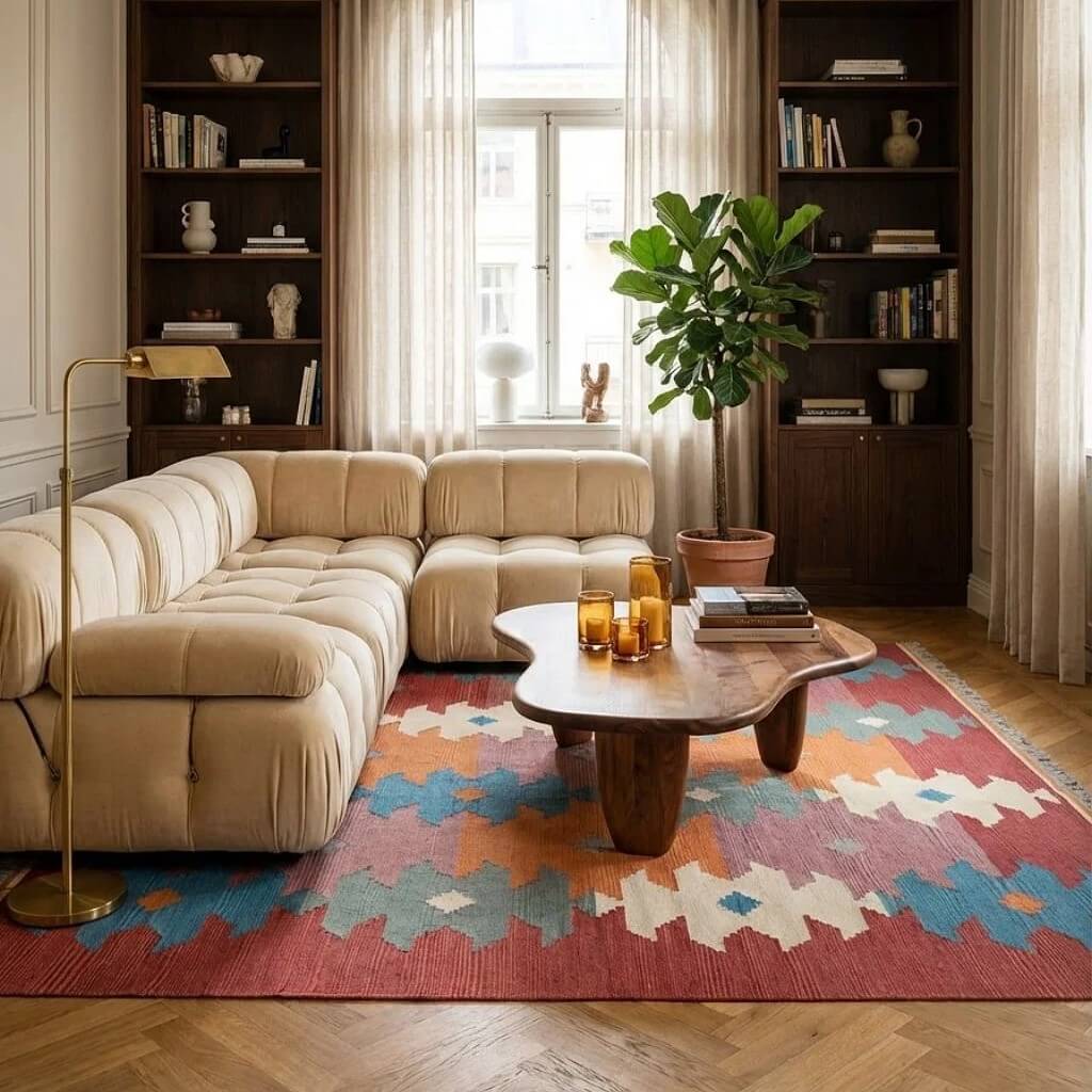 Covor din lână țesut manual multicolor cu margini terracotta Kilim Gashghai (242cm x 169cm) langa o canapea modulara