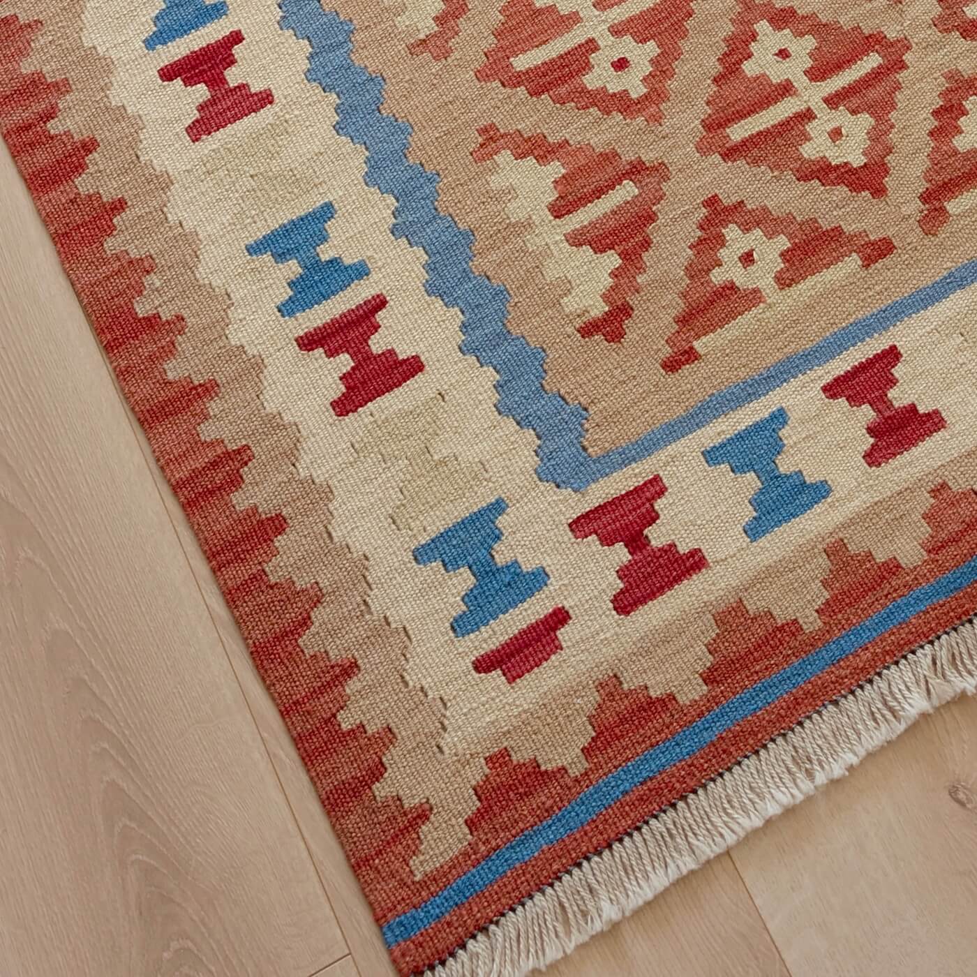 Covor tradițional din lână cu țesătură plata - Kilim Gashghai (150cm x 105cm) - 100% lână virgină - culori calde, forme geometrice - durabil