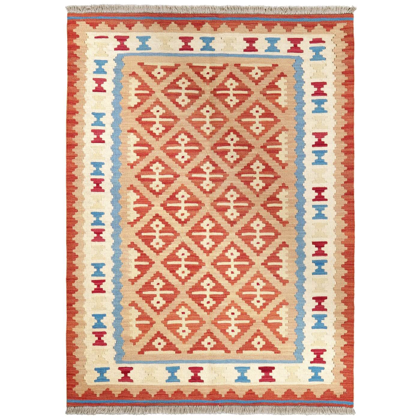 Covor tradițional din lână cu țesătură plata - Kilim Gashghai (150cm x 105cm) - 100% lână virgină - culori calde, forme geometrice