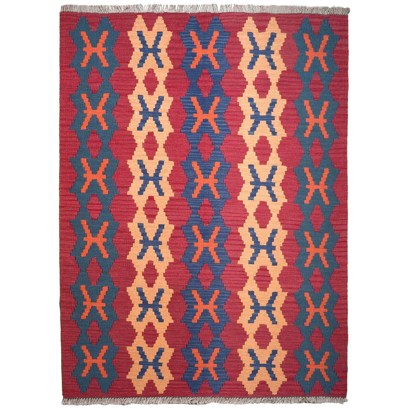 Covor din Lână Țesut Manual Plat - Kilim Gashghai (171cm x 126cm) - model geometric cu forme de X în culorile roșu, albastru și bej