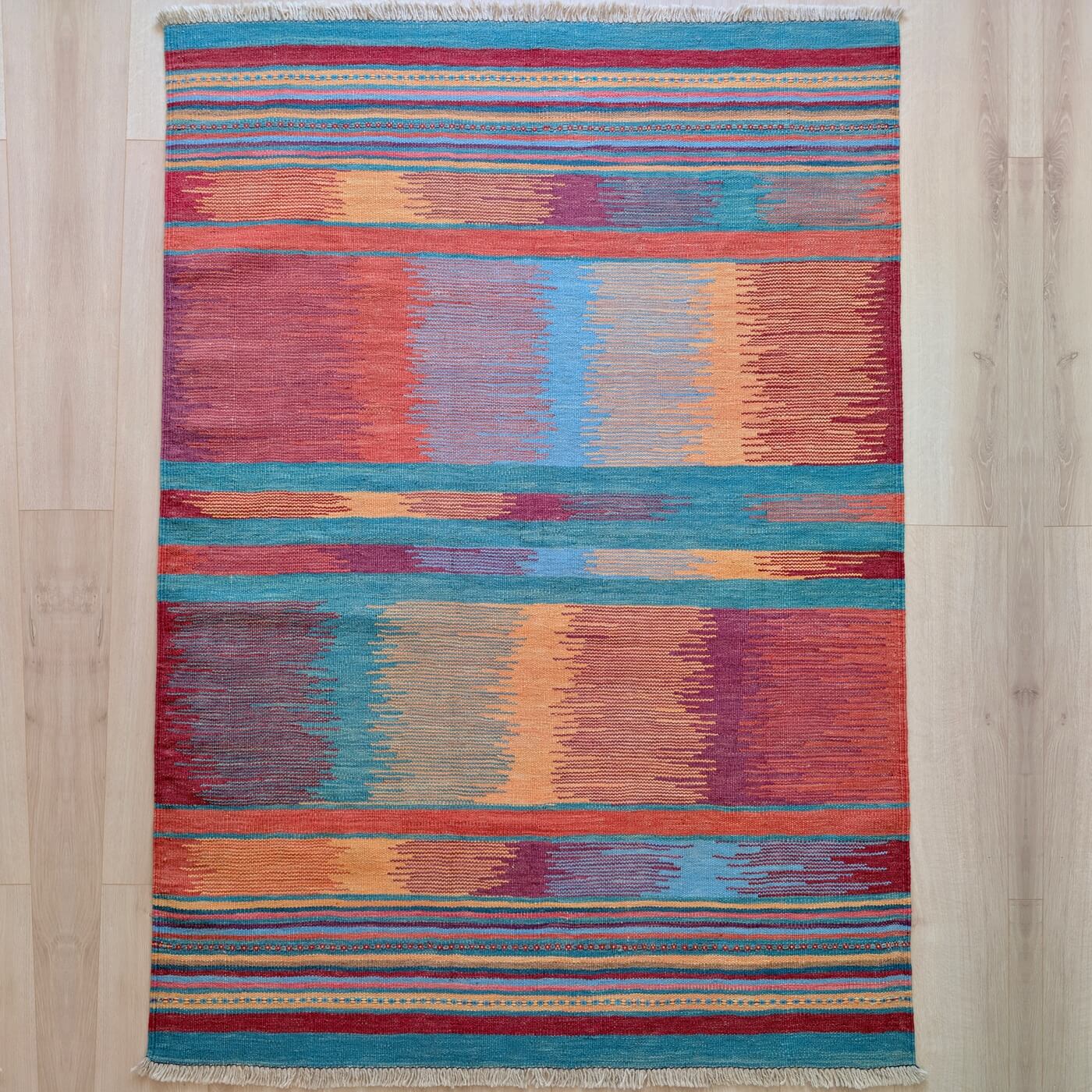Covor din Lână Țesut Manual - Kilim Gashghai (181cm x 128cm) - model modern contemporan - multicolor - subțire, reversibil, țesătură plată - de sus