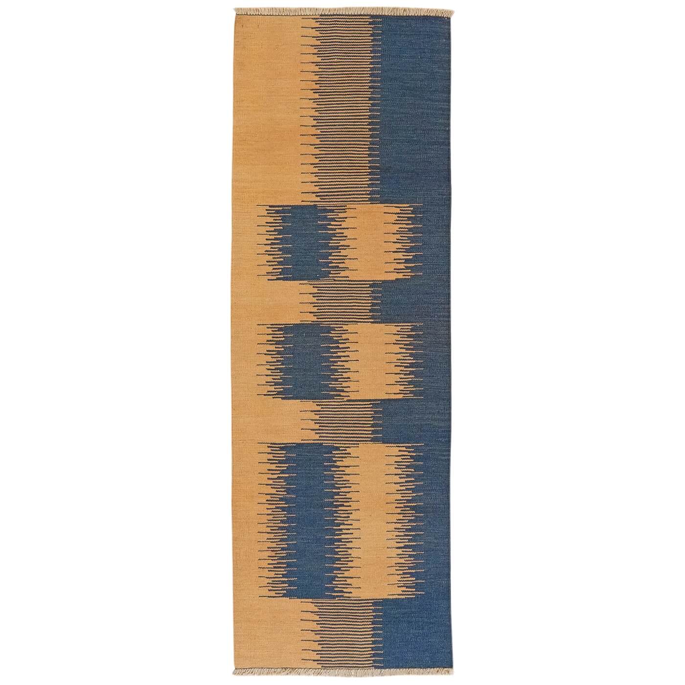 Covor Traversă din Lână Țesut Manual - Kilim Gashghai (193cm x 64cm) - model modern contemporan în două culori - bej natural și albastru