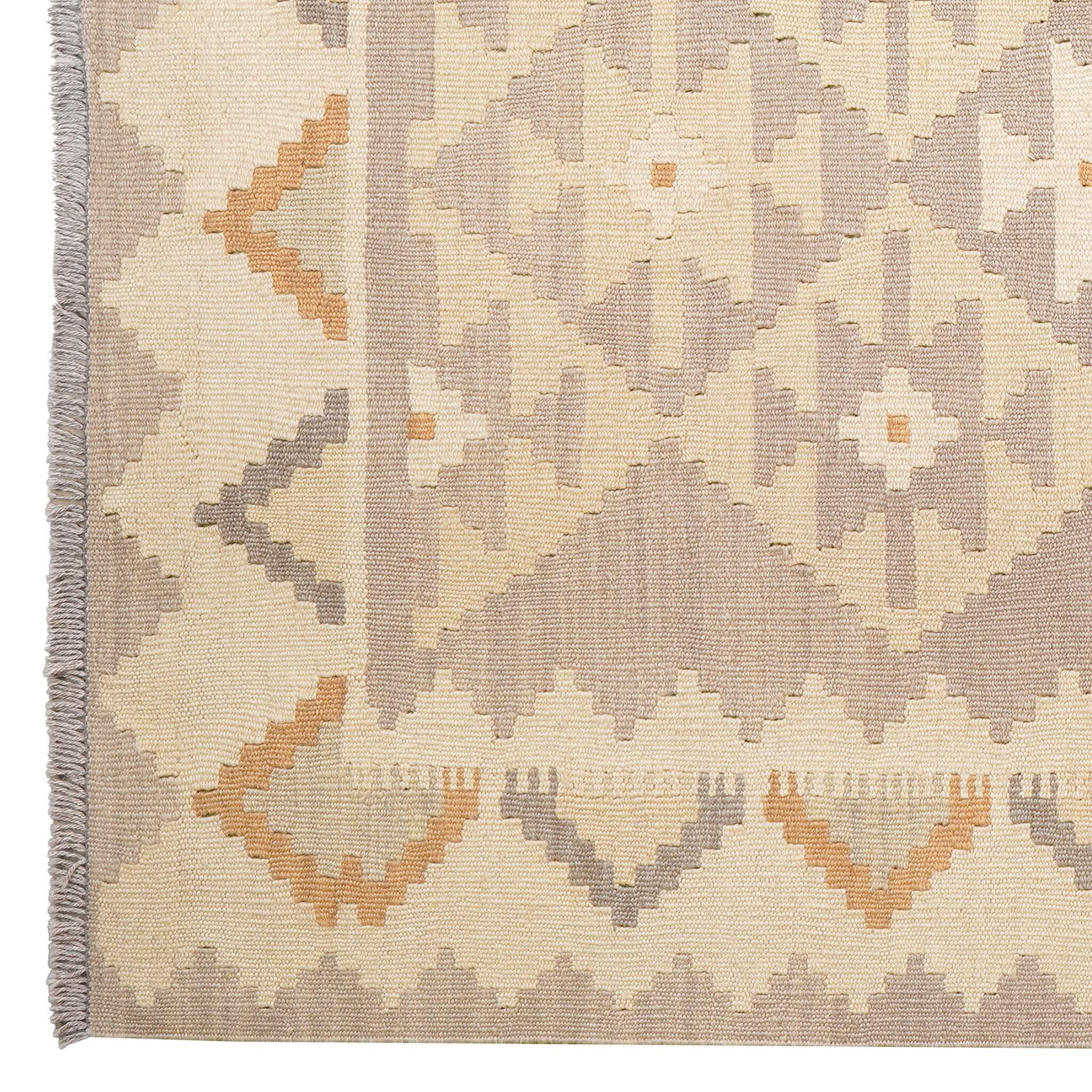 Covor din lână țesut manual cu accent pe detaliul traditional in nuante de gri si bej Kilim Gashghai (228cm x 171cm)