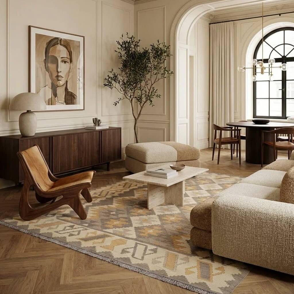 Covor din lână țesut manual cu motive geometrice in nuante de bej si gri Kilim Gashghai (285cm x 201cm) intr-un decor spectaculos