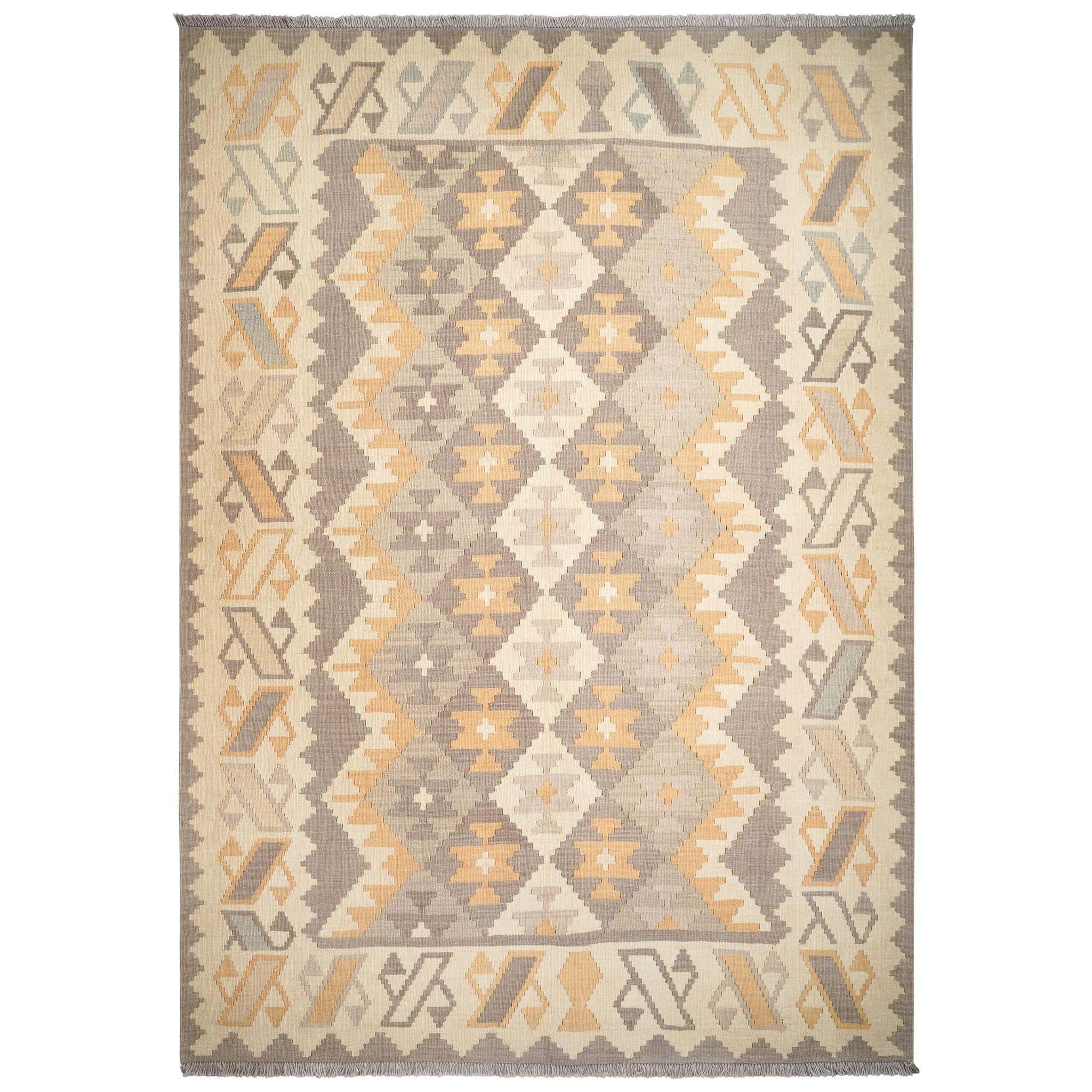 Covor din lână țesut manual cu motive geometrice in nuante de bej si gri Kilim Gashghai (285cm x 201cm)