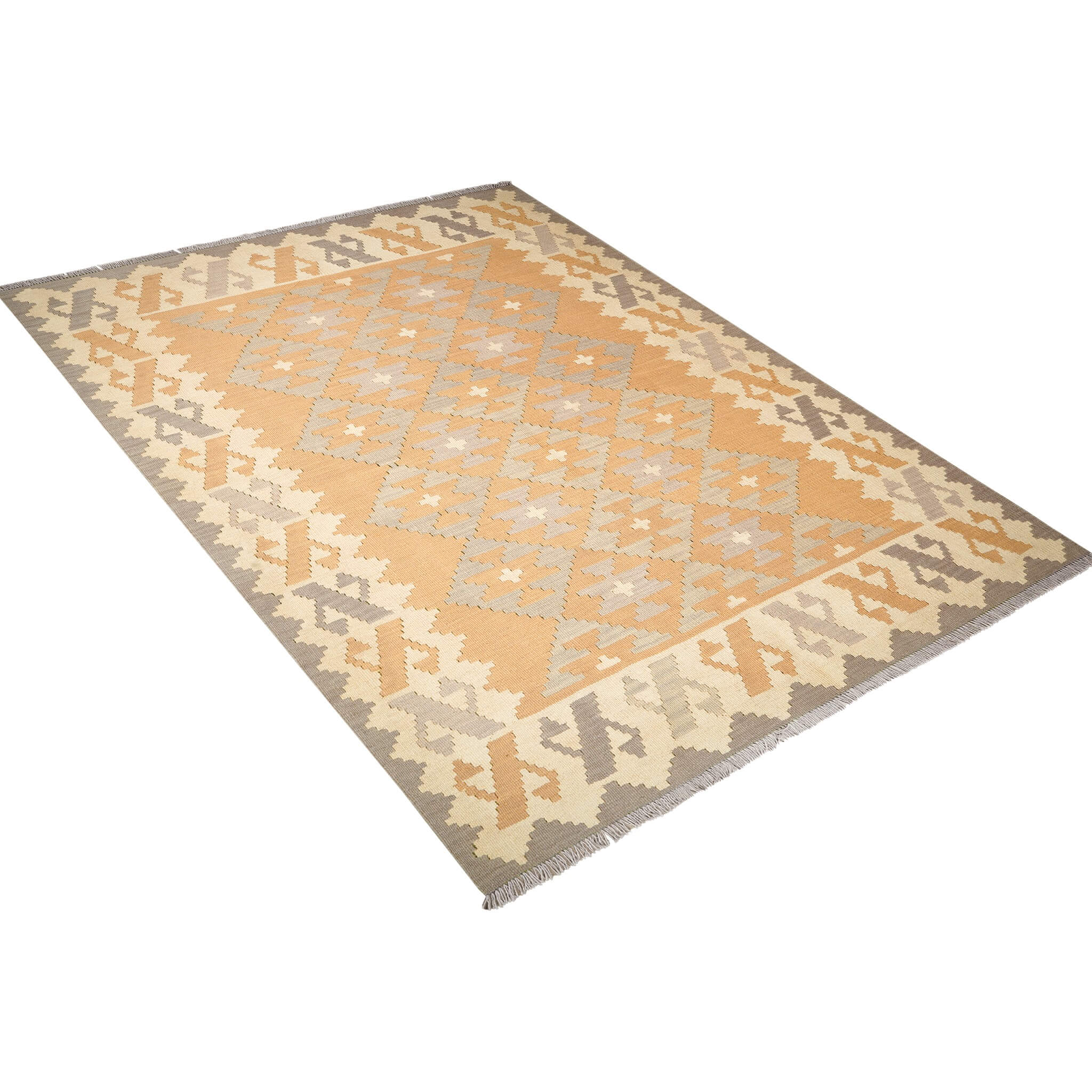 Covor din lână țesut cu tesatura plata cu motive geometrice in nuante de bej si gri Kilim Gashghai (229cm x 174cm)