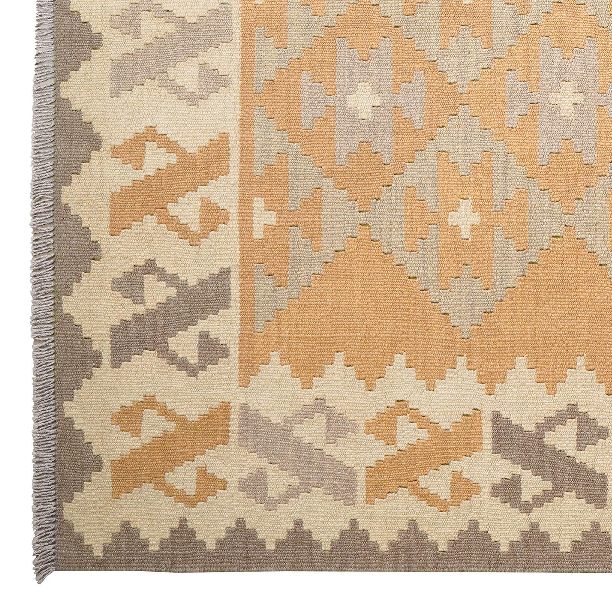 Covor din lână țesut traditional cu motive geometrice in nuante de bej si gri Kilim Gashghai (229cm x 174cm)