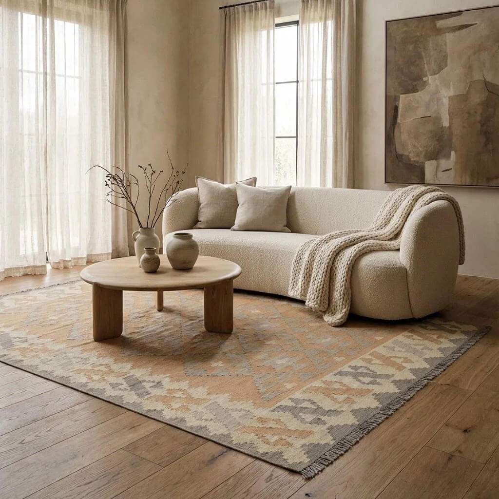 Covor din lână țesut manual cu motive geometrice in nuante de bej si gri Kilim Gashghai (229cm x 174cm) de dimensiuni medii in fata unei canapele