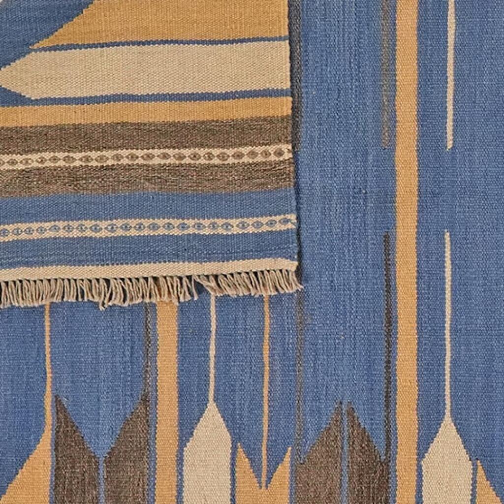 Covor reversibil din lână țesut manual in tonuri de bej si albastru Kilim Gashghai (201cm x 133cm)