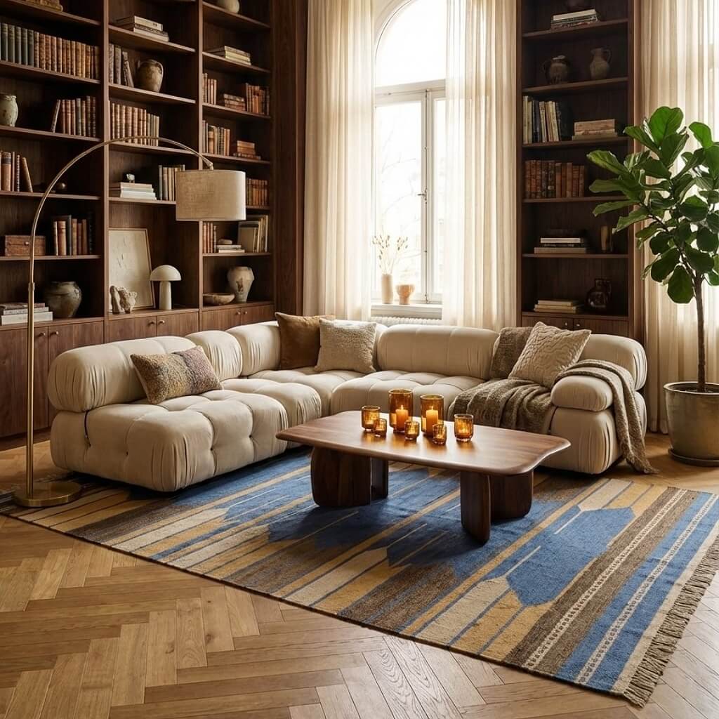 Covor din lână țesut manual in tonuri de bej si albastru Kilim Gashghai (201cm x 133cm) in living cu o masuta de cafea pe el