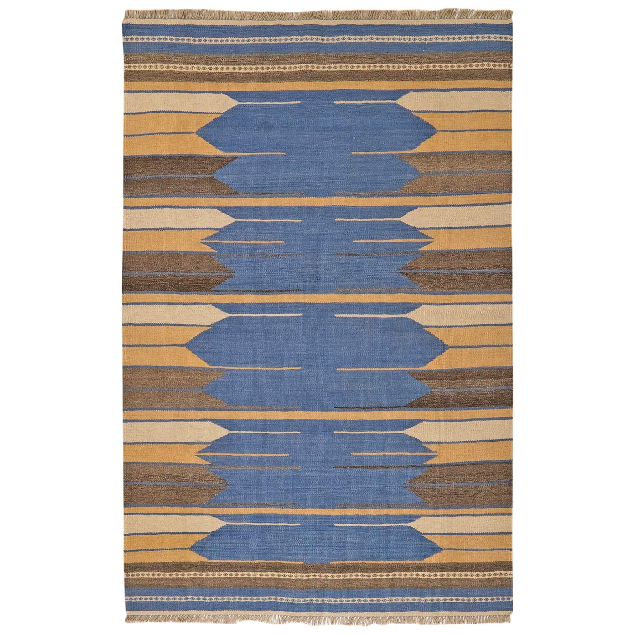 Covor din lână țesut manual in tonuri de bej si albastru Kilim Gashghai (201cm x 133cm)