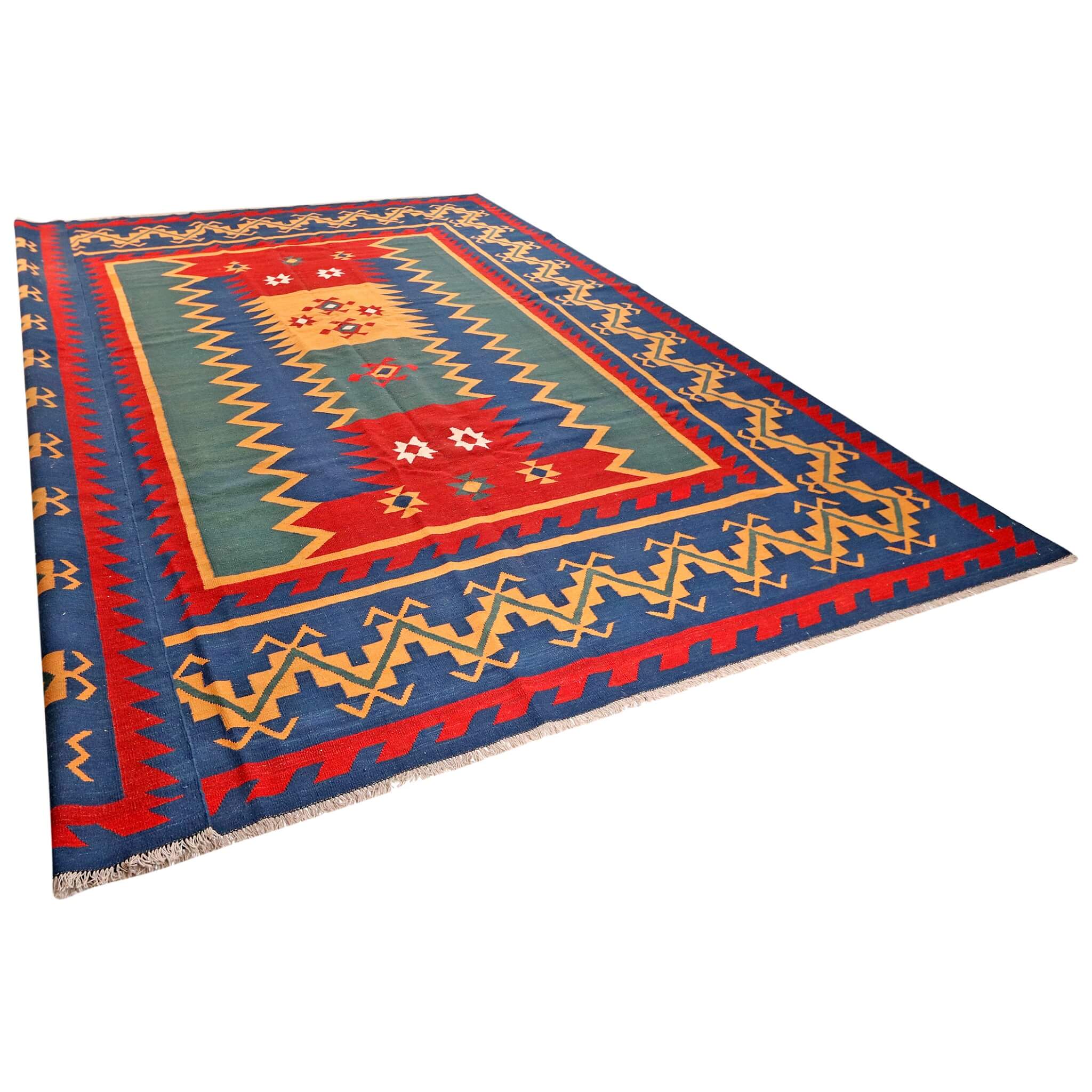 Covor din lână țesut manual cu motive geometrice tricolor, Kilim Gashghai (398cm x 326cm) de dimensiuni foarte mari