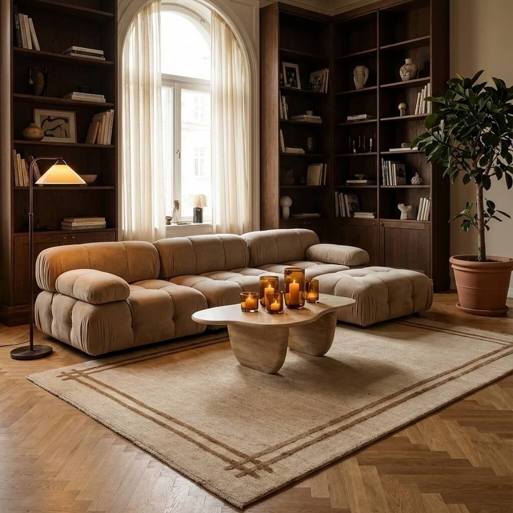 Covor din lână țesut manual bej cu linii maro Kilim Gashghai (242cm x 171cm) in fata canapelei
