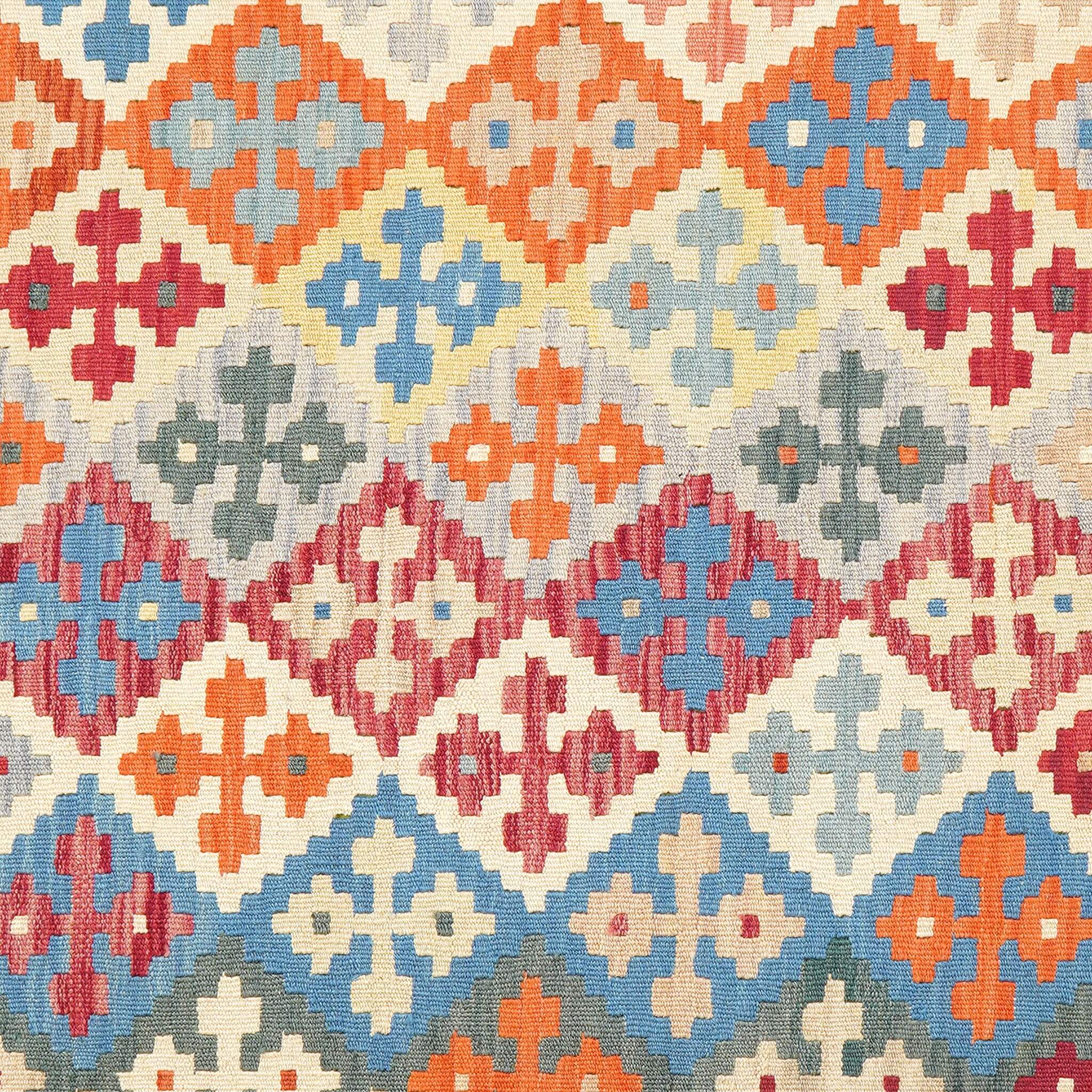 Covor din lână multicolor țesut manual cu detaliu pe motive traditionale din sudul Iranului Kilim Gashghai (241cm x 176cm)