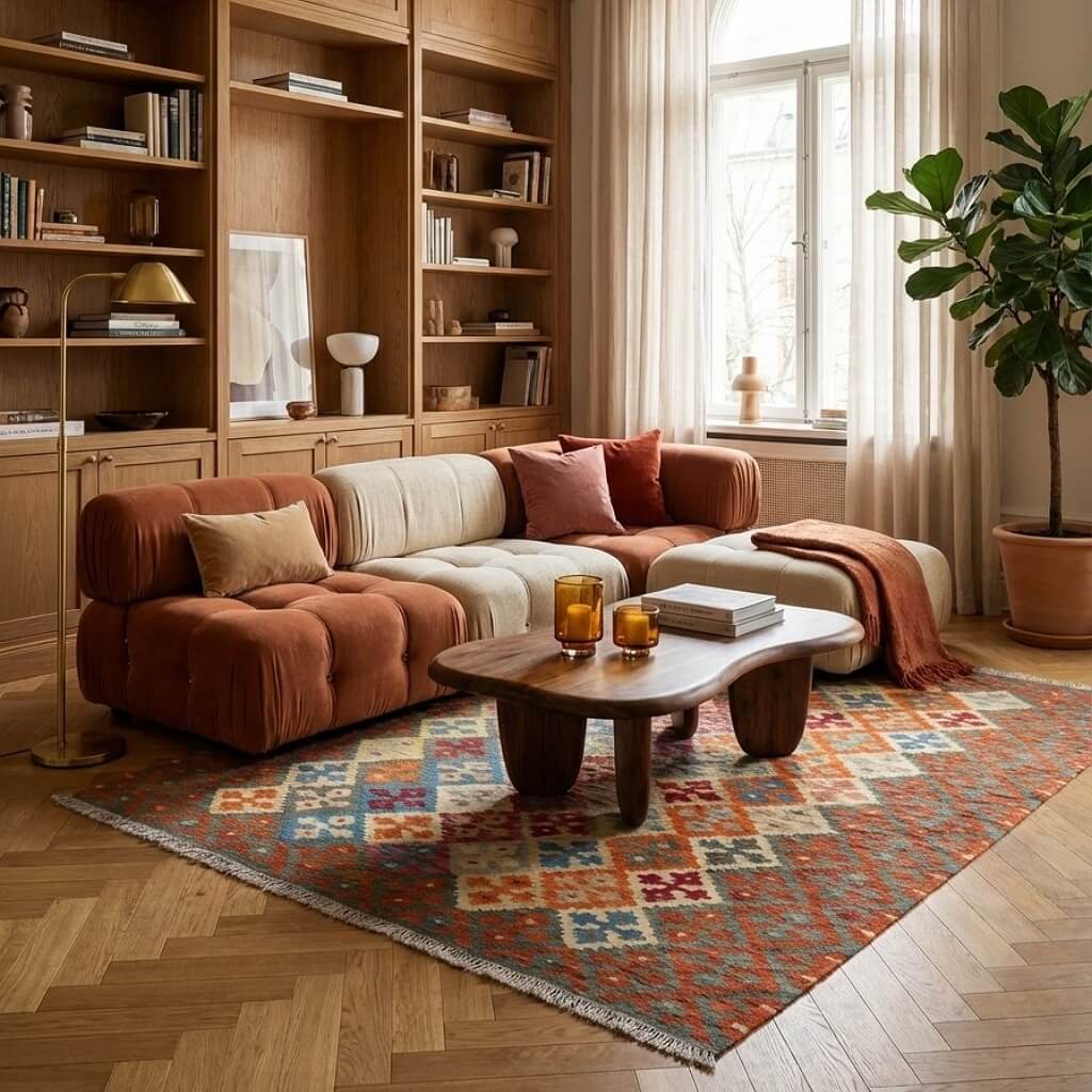 Covor din lână multicolor țesut manual cu motive traditionale Kilim Gashghai (241cm x 176cm) de dimensiuni medii intr-un living