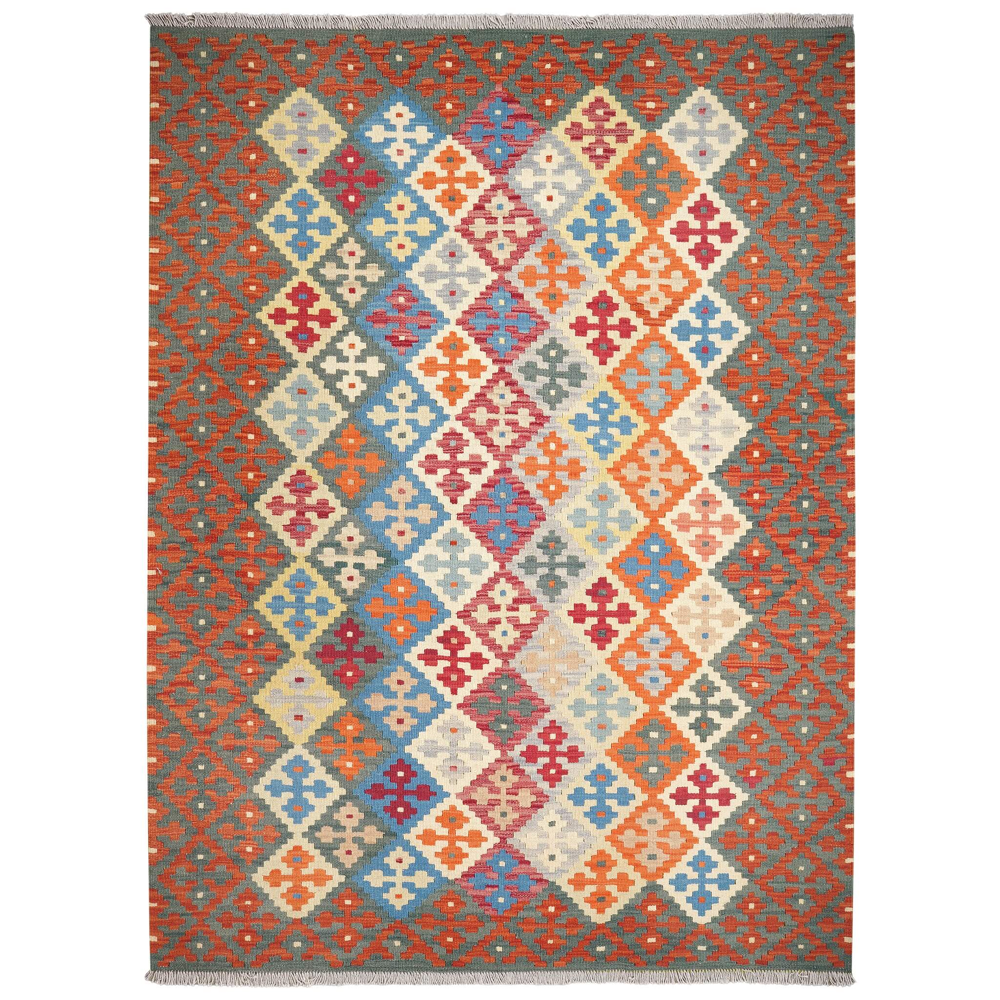 Covor din lână multicolor țesut manual cu motive traditionale Kilim Gashghai (241cm x 176cm)