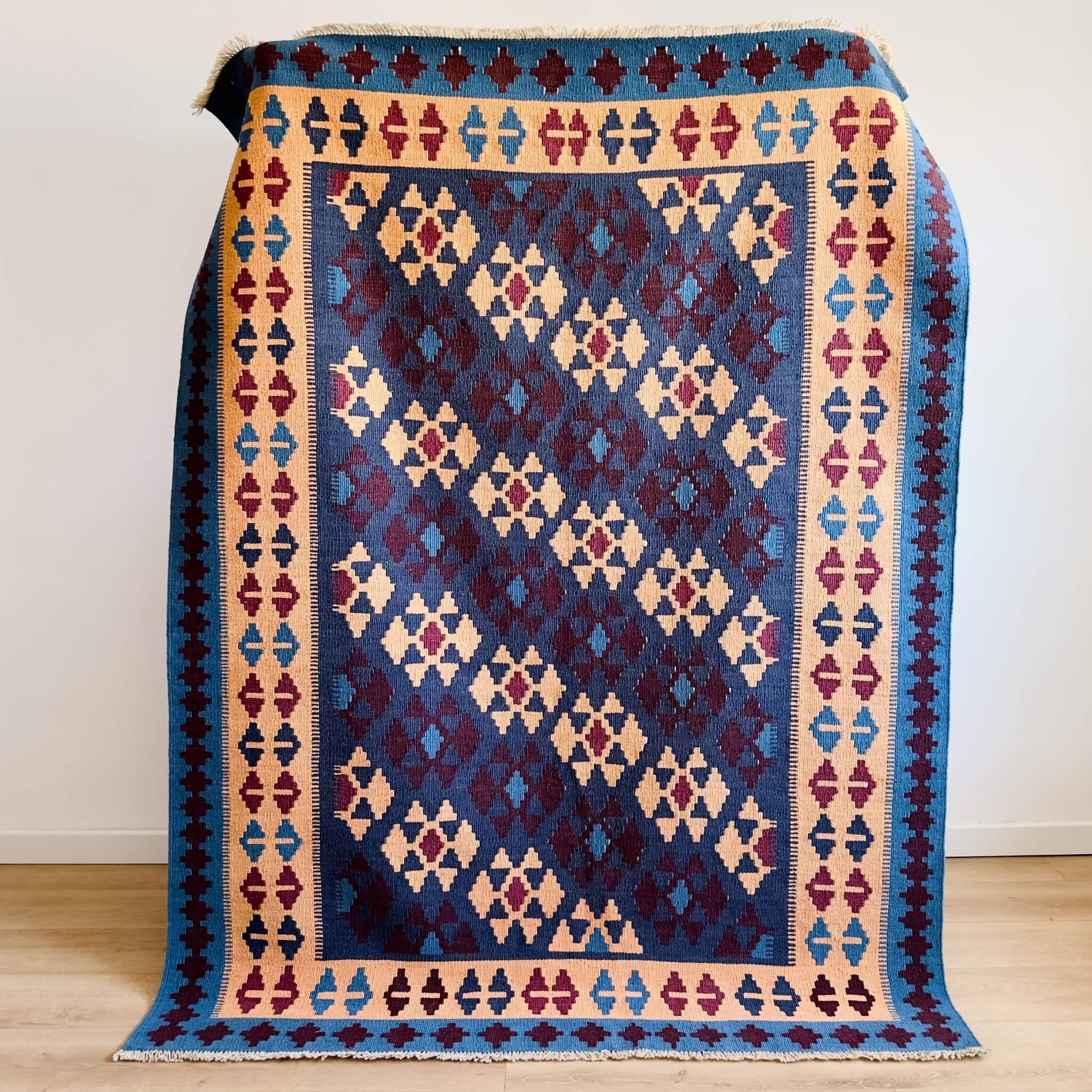 Covor Traditional din Lana Tesut Plat - Kilim Gashghai - nuante de albastru