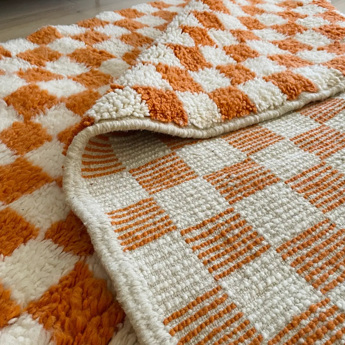 Covor marocan cu model in carouri din lana, Portocaliu, Beni Ourain 250x160, verso