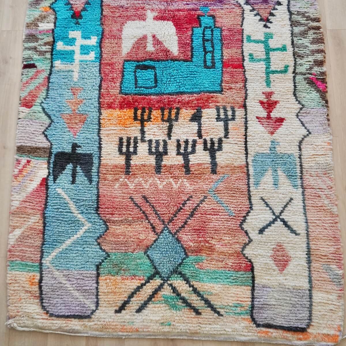 Covor Marocan multicolor din tribul Boujad, innodat manual din lana naturala, multicolor cu simboluri 270x170cm, jos