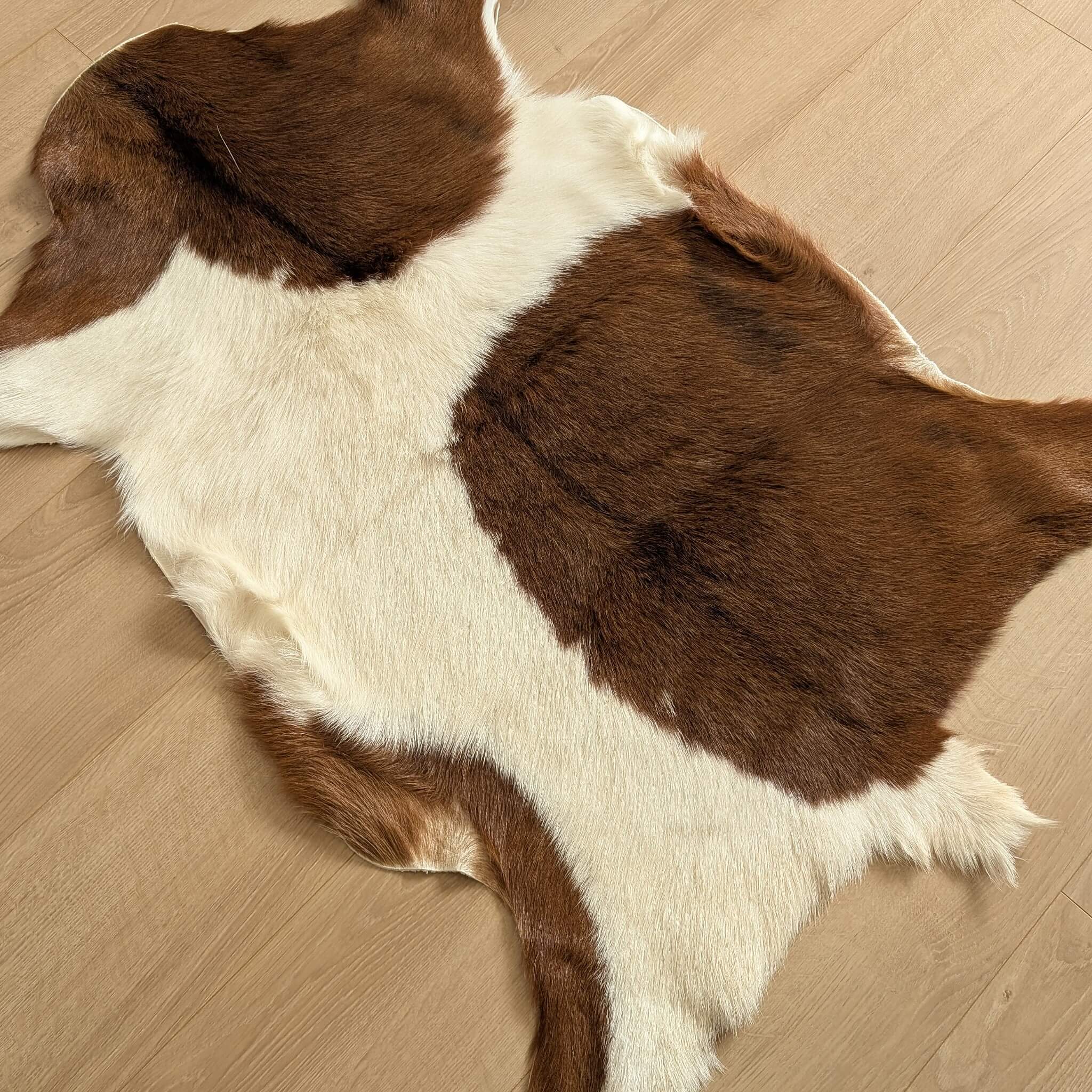 covor din piele naturala de capra maro cu alb de dimensiuni mari