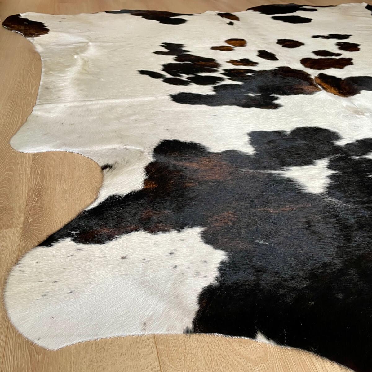 covor din piele naturala de vaca alb cu pete negru si maro pe parchet, mango+bloom