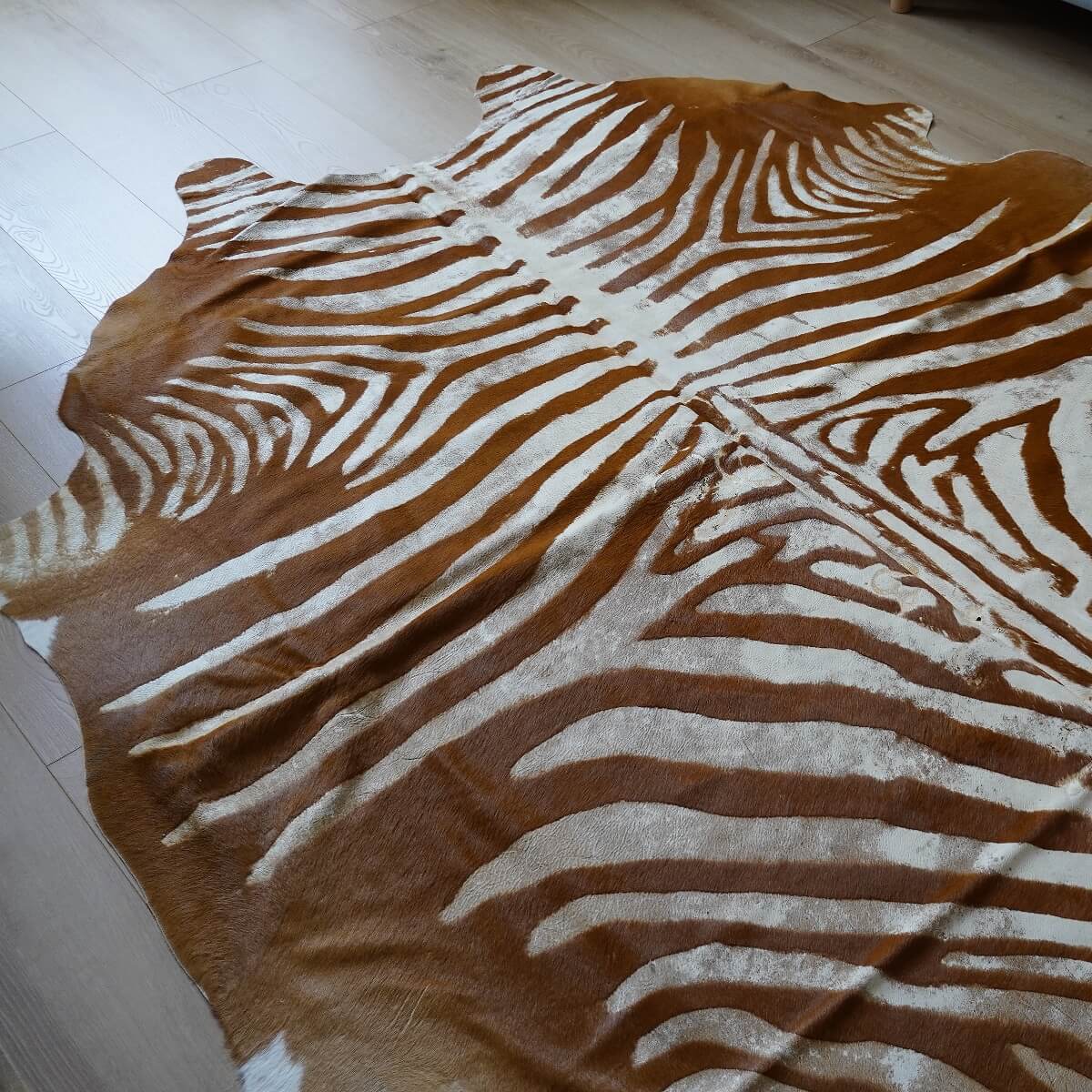 covor din piele de vaca cu desen antichizat de zebra vintage, mango+bloom