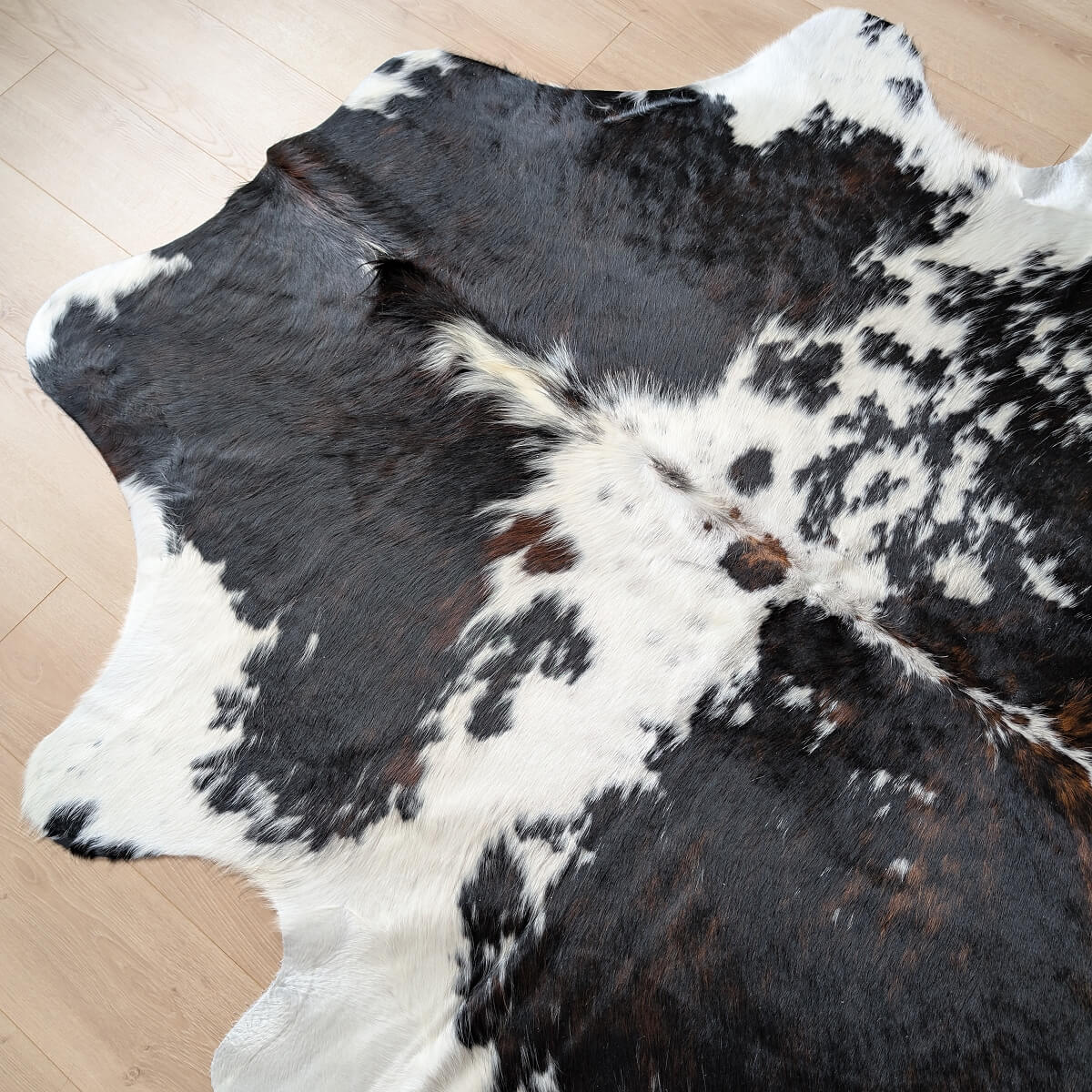 covor din piele naturala de vaca tricolora pe parchet, mango+bloom