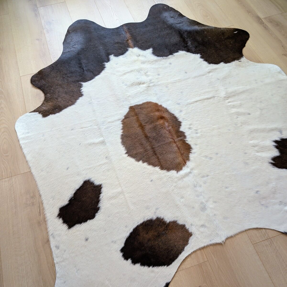 covor din piele naturala de vaca alb cu pete maro pe parchet mbch485, mango+bloom