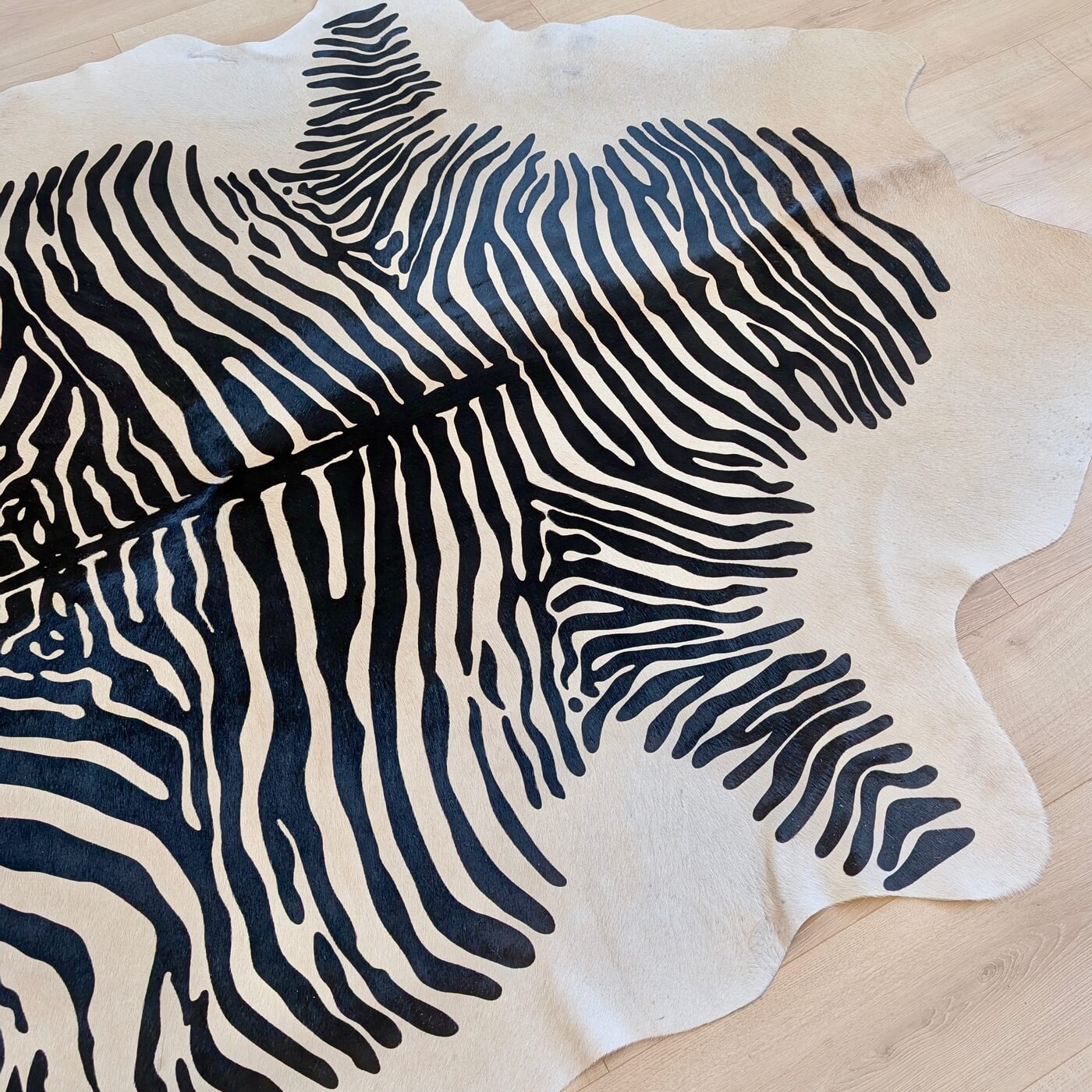 Covor din Piele de Vacă - Animal Print - Imprimeu Zebră (240x200 cm) - fundal bej cu dungi negre - sus