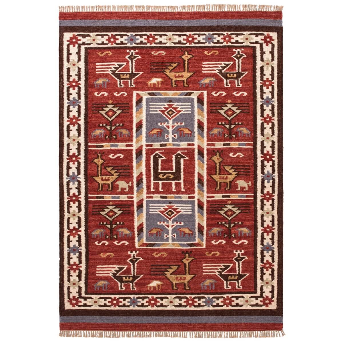 covor kilim birdsong creat traditional manual pe razboaie, model cu pasari in nuante de terracotta, mango+bloom