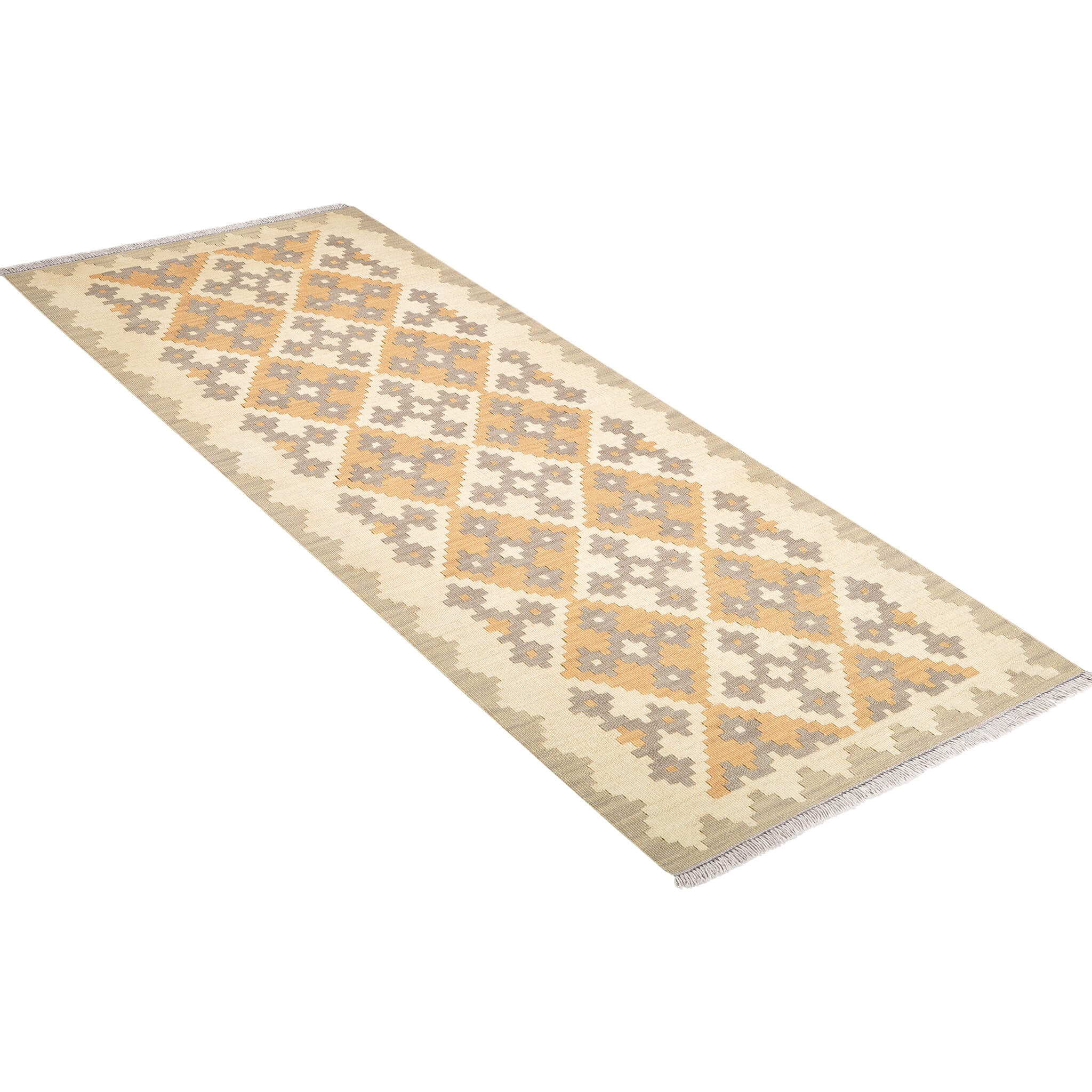 Covor traversa din lana cu tesatura plata Kilim Gashghai (198cm x 85cm) in nuante de bej si gri