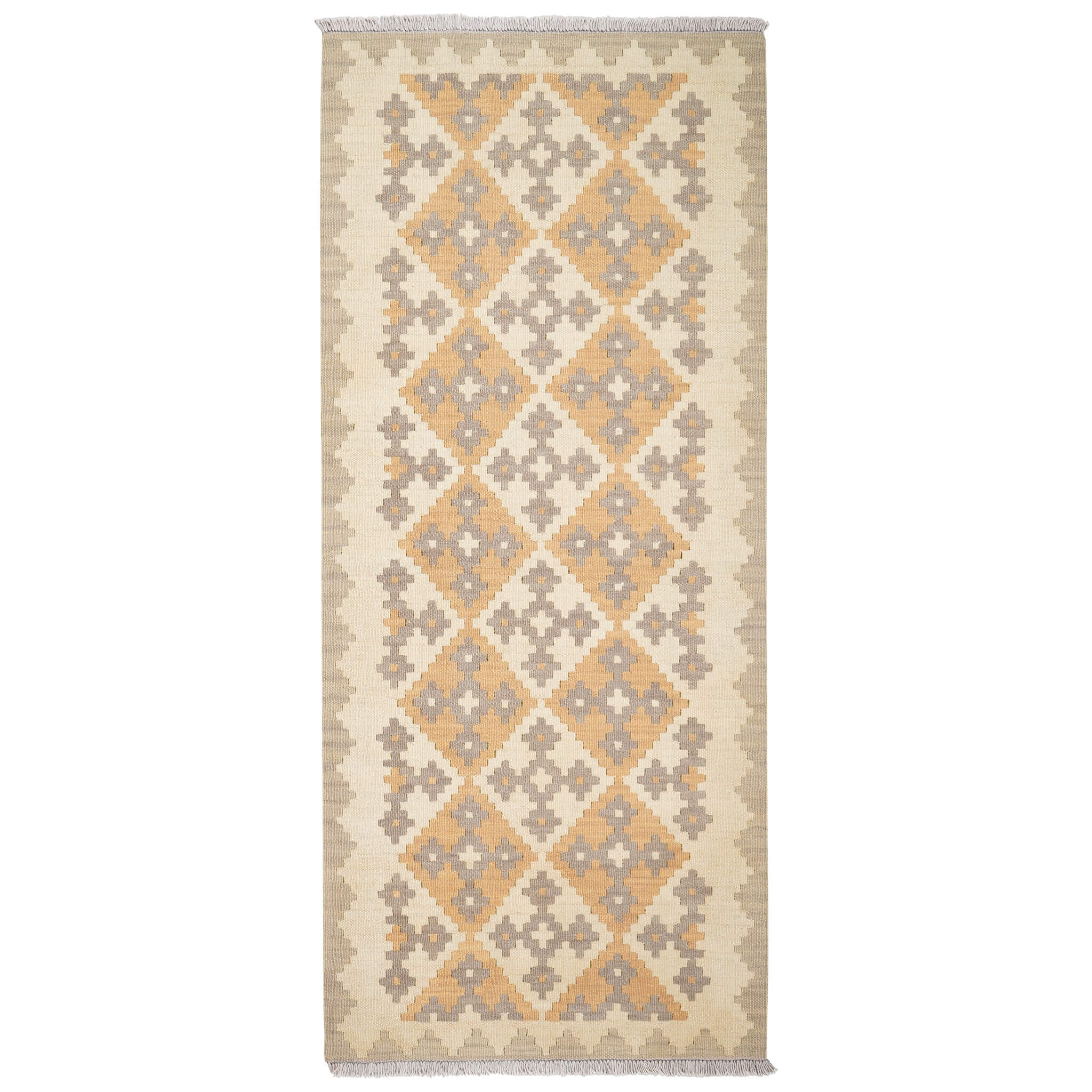Covor traversa din lana tesut manual in stil traditional Kilim Gashghai (198cm x 85cm) in nuante de bej si gri