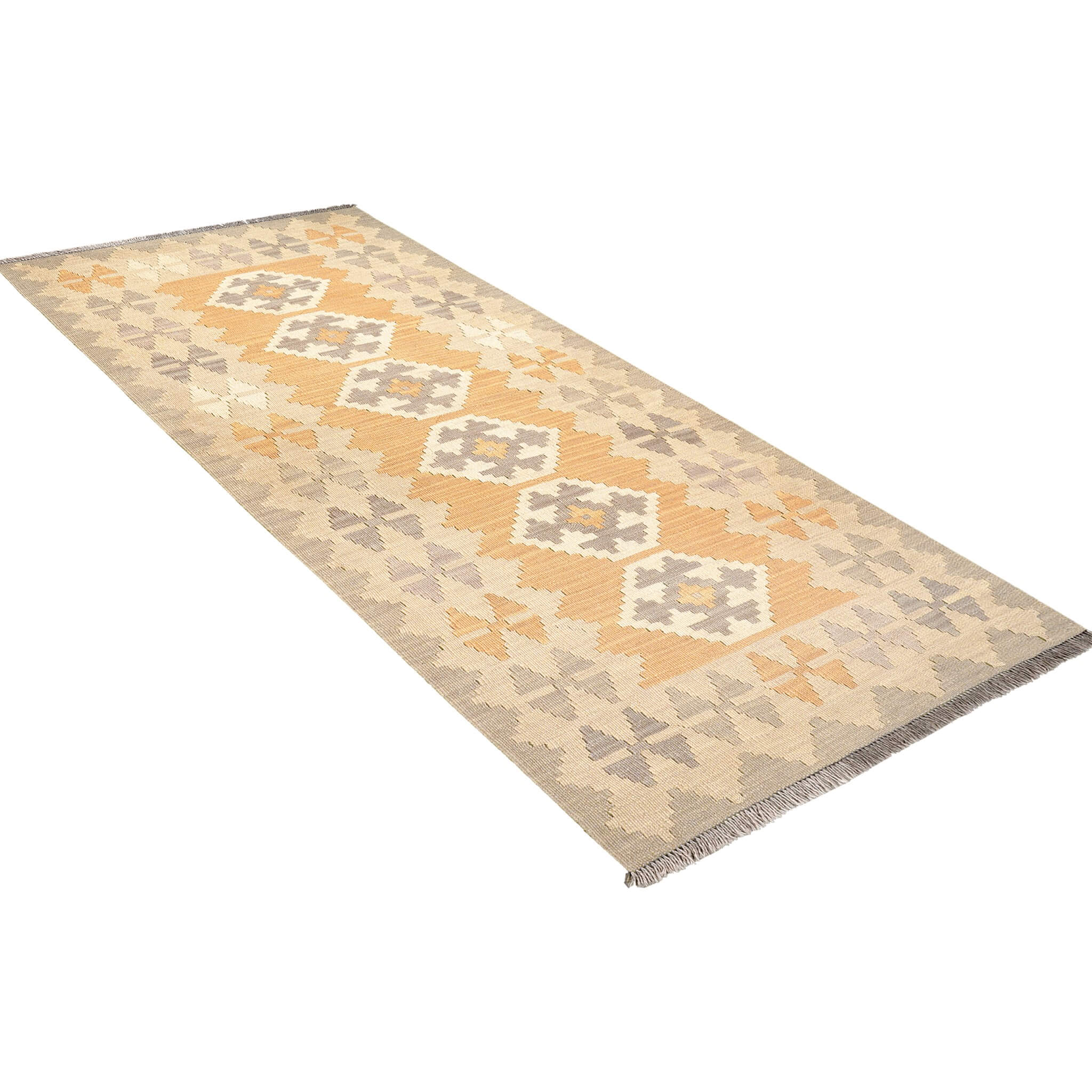 Covor traversa din lână țesut plat cu motive traditionale geometrice in culori de gri si bej, Kilim Gashghai (193cm x 84cm)