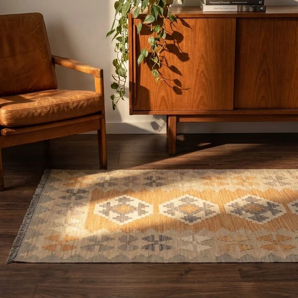 Covor traversa din lână țesut manual cu motive traditionale geometrice in culori de gri si bej, Kilim Gashghai langa fotoliu si comoda (193cm x 84cm)