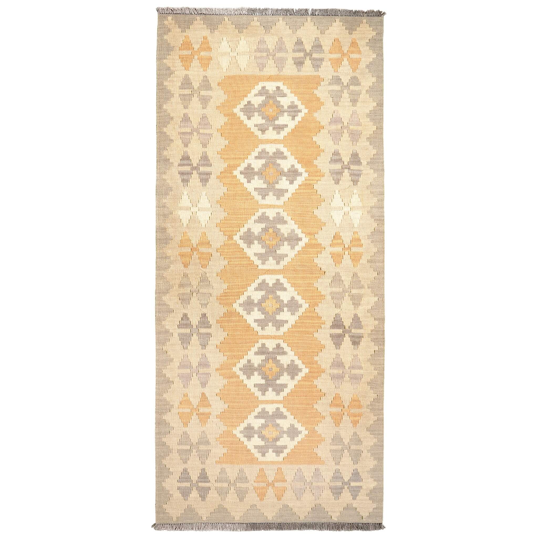 Covor traversa din lână țesut manual cu motive traditionale geometrice in culori de gri si bej, Kilim Gashghai (193cm x 84cm)