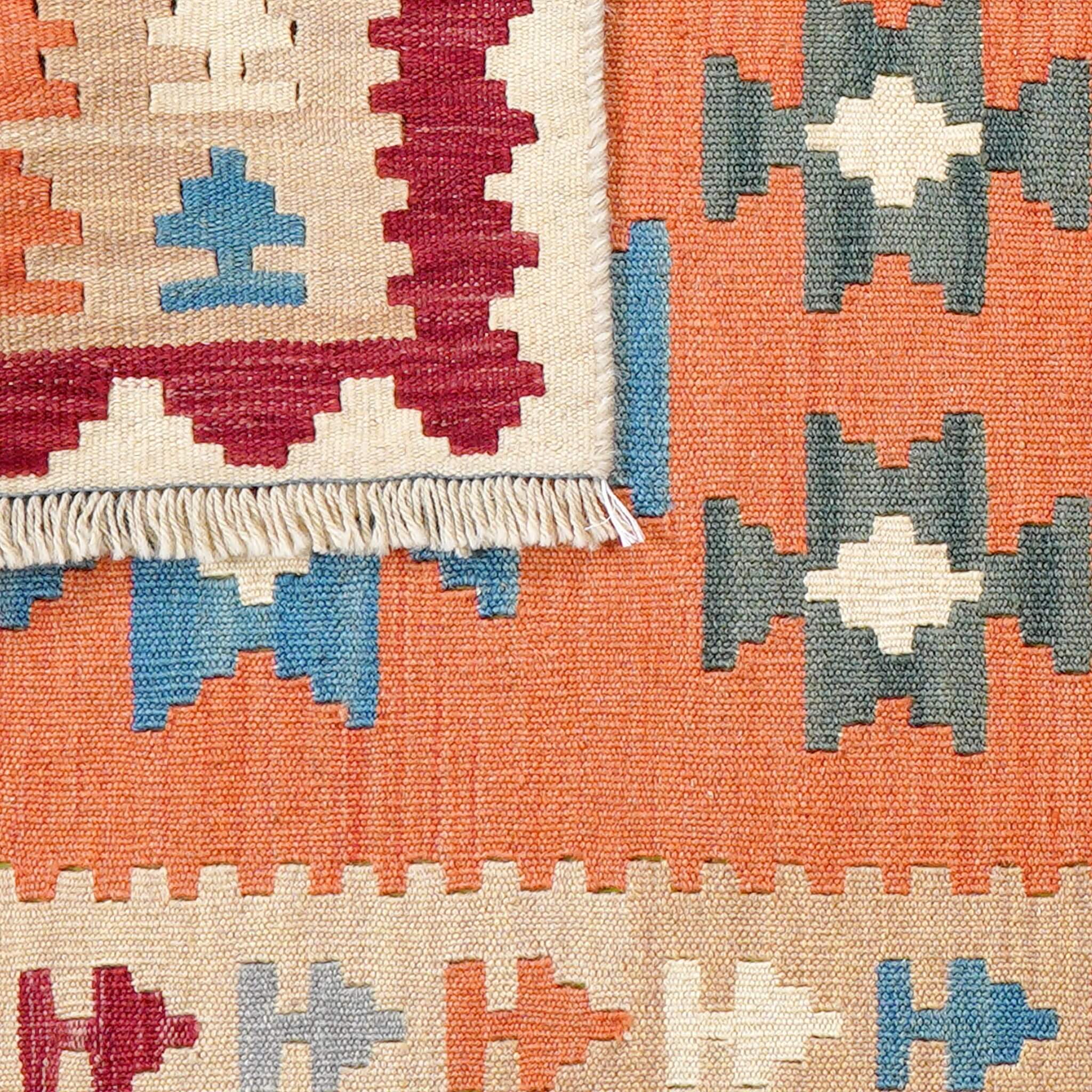 Traversa reversibila din lână țesuta manual cu motive geometrice in culori portocaliu, bej si terracotta, Kilim Gashghai (204cm x 86cm)
