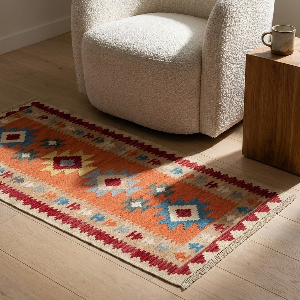Traversa din lână țesuta manual cu motive geometrice in culori portocaliu, bej si terracotta, Kilim Gashghai (204cm x 86cm) langa un fotoliu