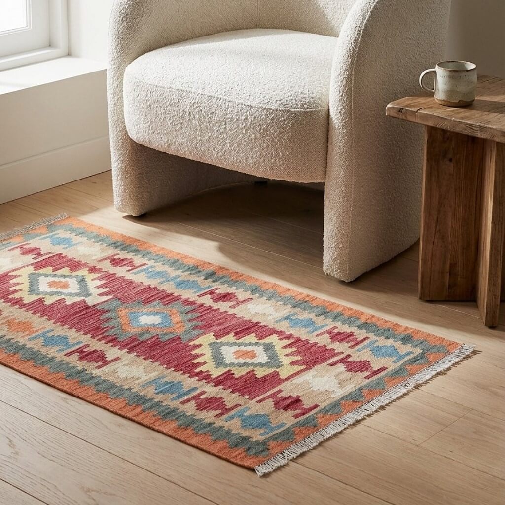 Covor traversa din lana tesut manual in stil traditional Kilim Gashghai (195cm x 89cm) multicolor in living